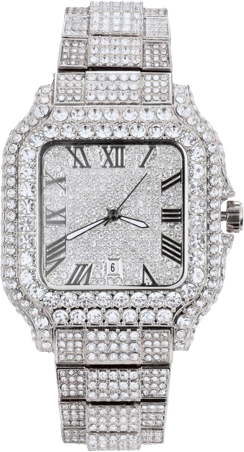 Halukakah Watch for Men - Moissanite Diamond Iced Out - Luxury 18k Real Gold/Platinum White Gold Plated,Japanese Quartz,55MM Rectangle Dial with Calendar,Heavy-Made,8.3" Wristband - Comes with Giftbox