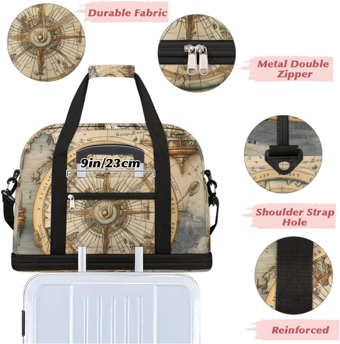 QsirBC Art Compass Decor Gym Bag for Women Duffle Tote with Shoes Compartment Men Weekender Duffel for Dance Travel Sports Swimming Overnight