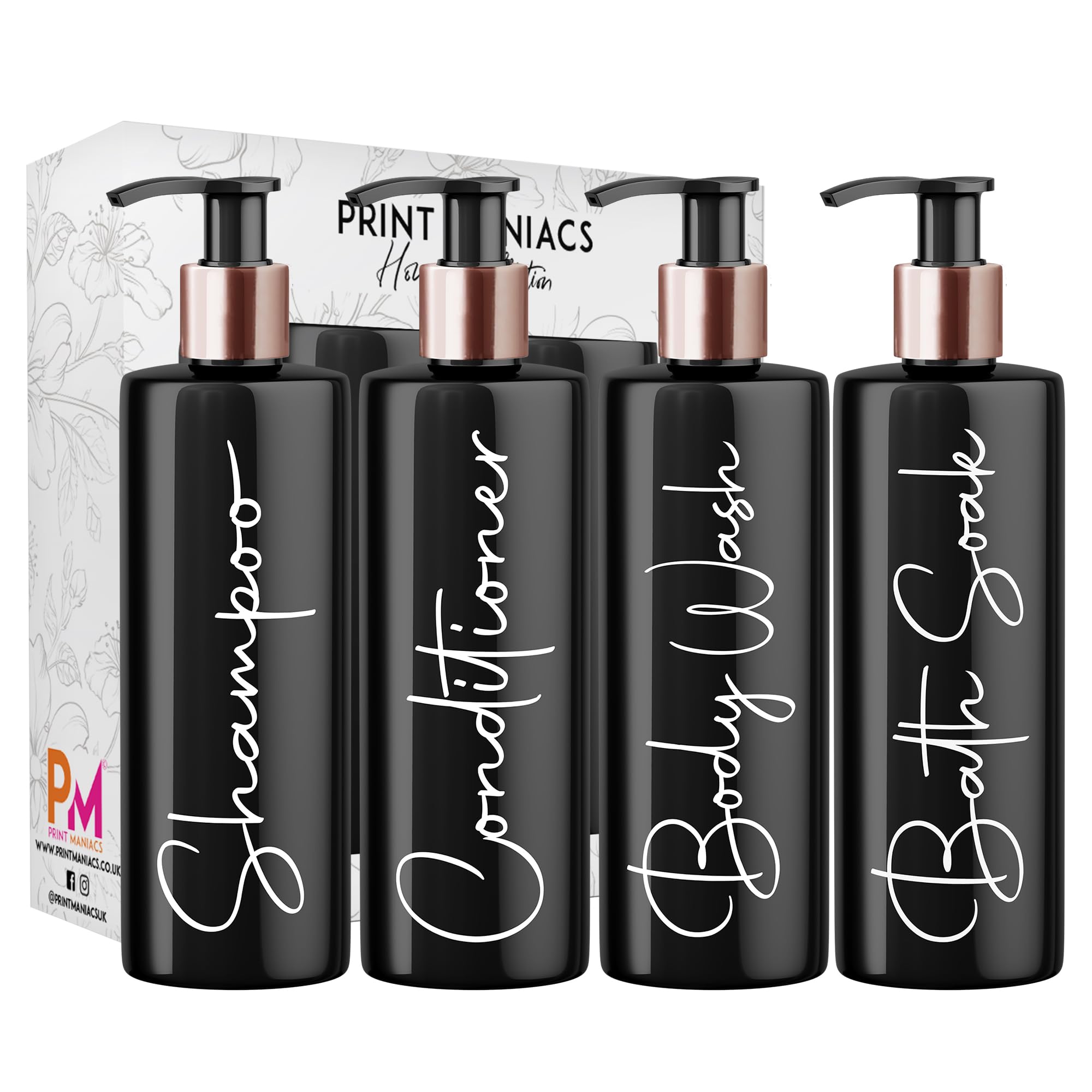 Print Maniacs Black Mrs Hinch Inspired Personalised 500ml Bottles Bathroom Lotion Kitchen Shampoo Conditioner Rose Gold Pump (Set 4, F2) (White)