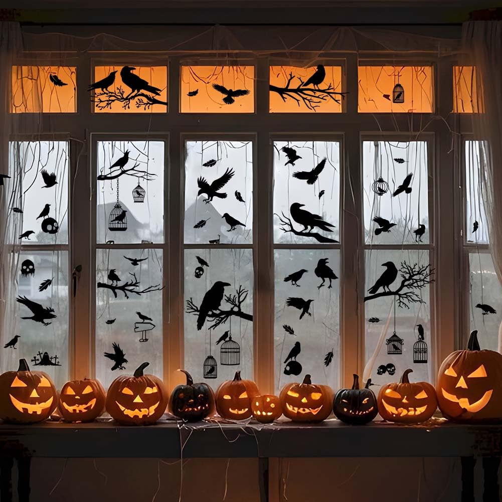 SUPERDANT Crows Window Stickers Halloween Window Stickers Crows Branches Window Clings Floor Clings Self Adhesive Sticker Halloween Window Decals Crows Branches Window Decor Black 9pcs/Set
