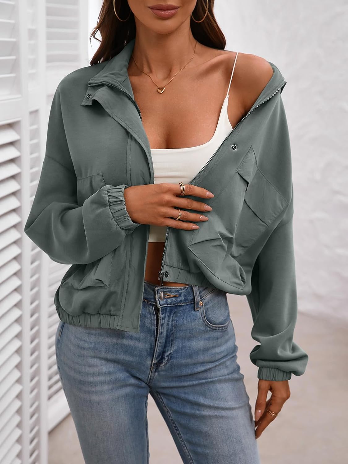 FLYCURVY Women's Cropped Oversized Safari Jackets Zip Up Stand Collar Neck Long Sleeve Utility Anorak jacket with Pocket - Image 2