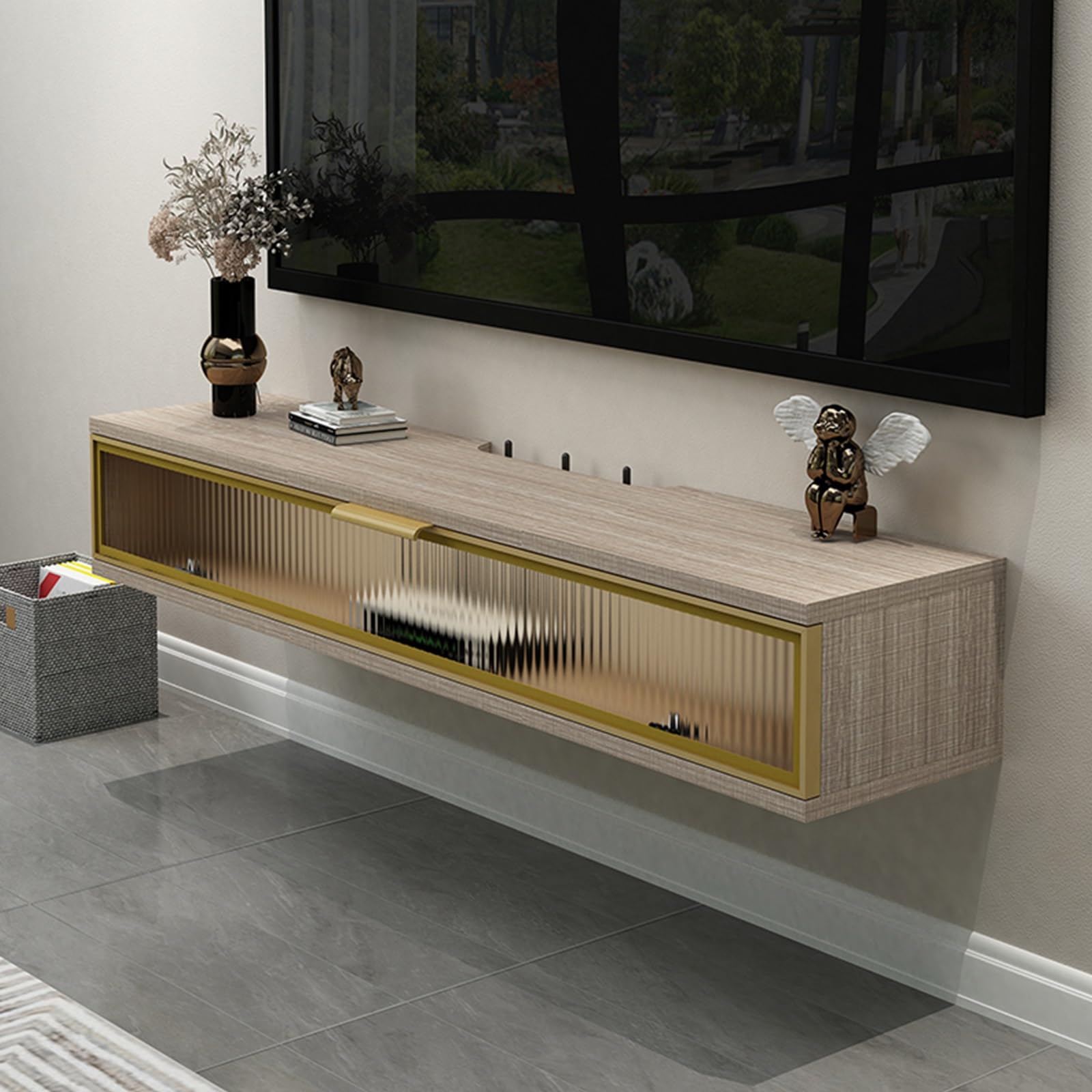 Meuble TV mural moderne marron au design suspendu minimaliste pour intérieur chic