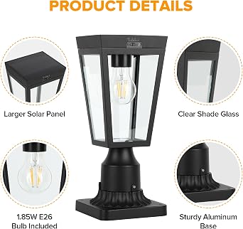 LUTEC Outdoor Solar Lamp Post Light with Pier Mount Base, Dusk to Dawn Waterproof Post Light Fixtures, Black Solar Powered Aluminum Post Lights for Outside