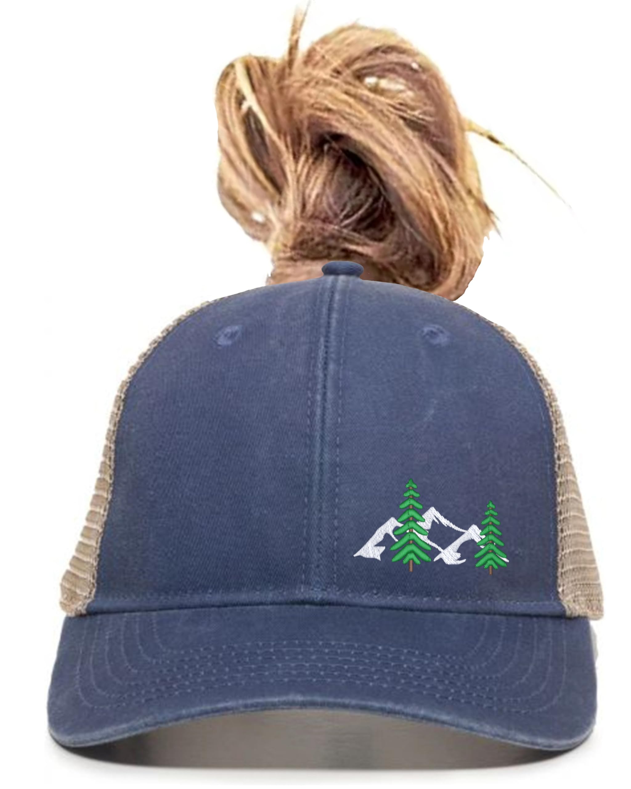 Go All Out One Size Navy/Tea Ponytail Left Panel Mountain Scene The Great Outdoors Pines Ponytail Mesh Back Cap