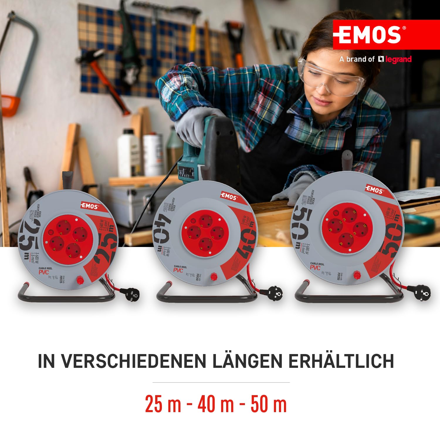 EMOS - Tambor de Cable de 50m - 4 enchufes Schuko - 230 V, 16 A, 3680 W - Aislamiento PVC H05VV-F3G 1,5 mm2 - Protección contra sobrecalentamiento - IP20 para Interiores