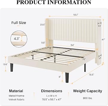 SHA CERLIN Full Size Velvet Bed Frame, Tufted Wingback Headboard, Cream