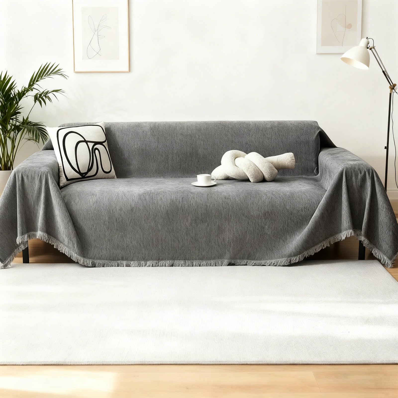 Housse de canapé en chenille 180x260 cm lavable avec pampilles