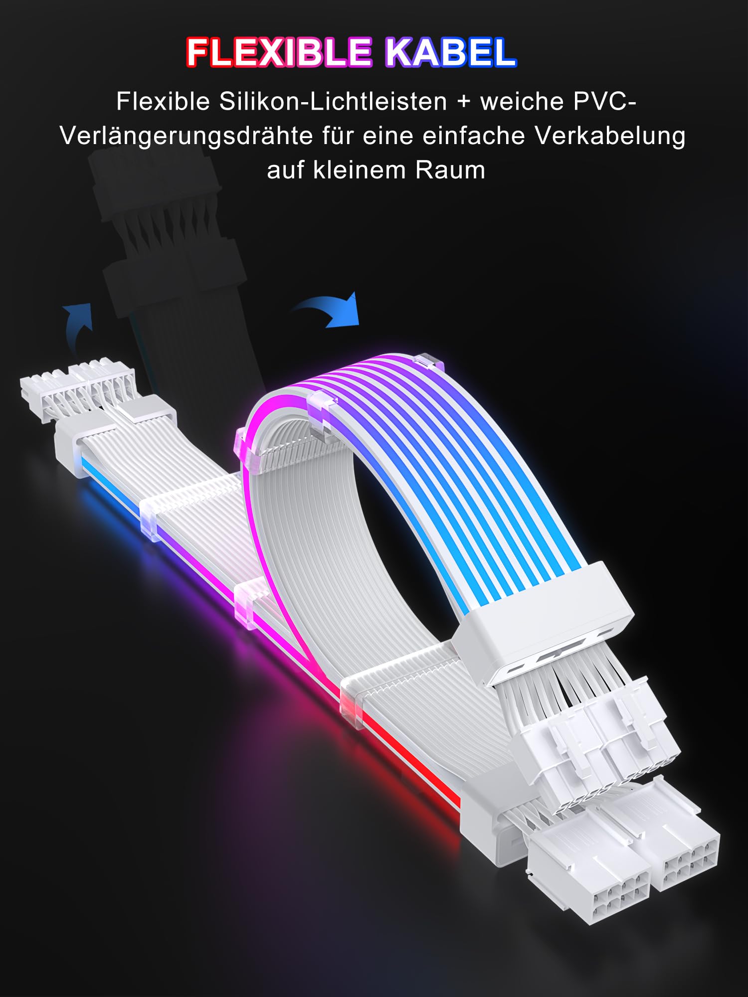 Sirlyr RGB PSU-Kabelverlängerung, ARGB PC-Netzteilkabel mit weichen LED-Streifen und PVC-ummanteltem Verlängerungskabel, 16AWG 24 Pin ATX Dual 8 Pin PCIE Set | 16 AWG PVC-ummanteltes Kabel, 24-poliger ATX und Dual-8-poliger PCIe, integrierte ARGB-LED-Stre