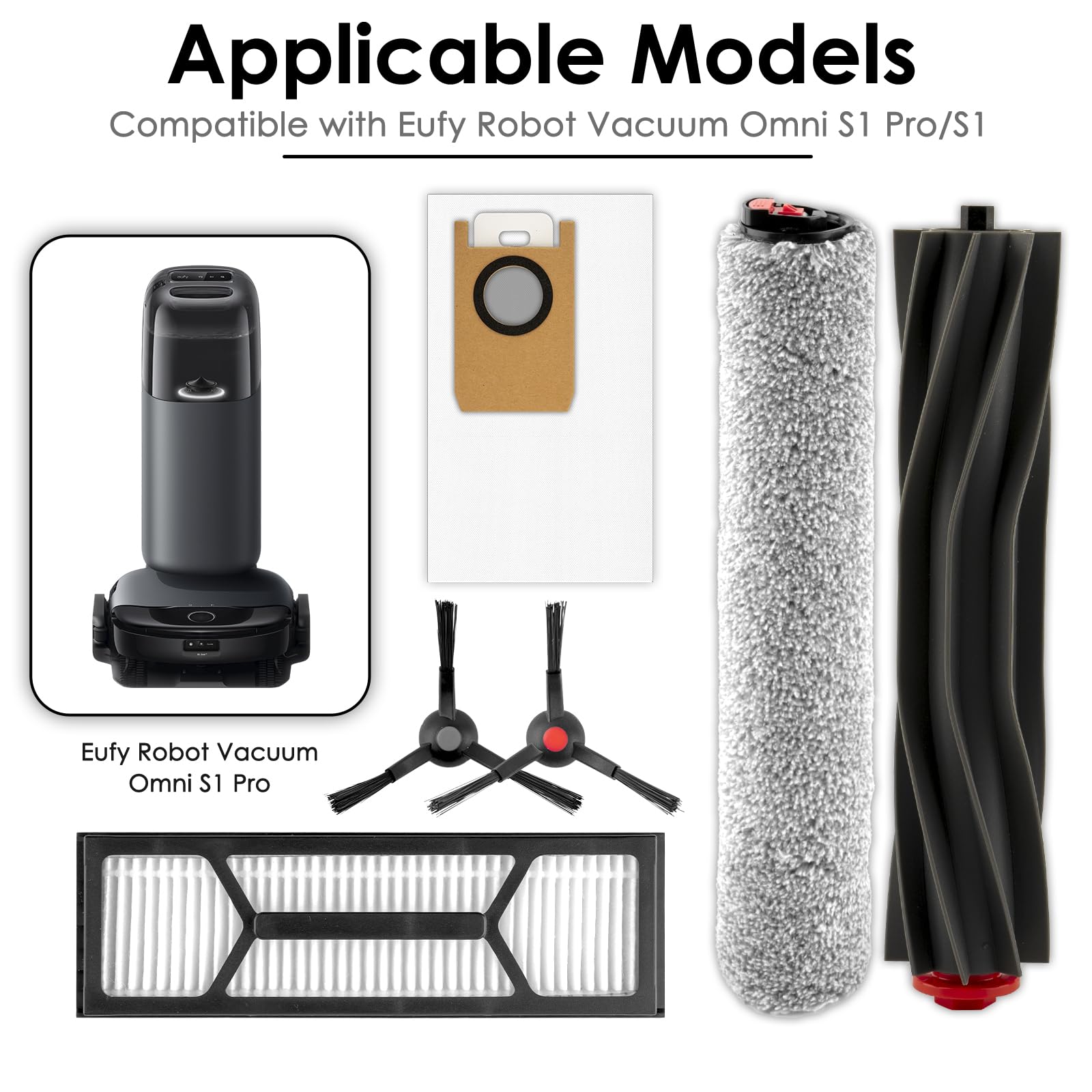 (24 Piezas) Omni S1 Pro Repuestos Compatibles Con La Aspiradora Robótica Eufy Omni S1 Pro, 2 Cepillos De Rodillo De Goma, 2 Mopas De Rodillo, 8 Cepillos Laterales, 6 Bolsas Para Polvo, 6 Filtros HEPA