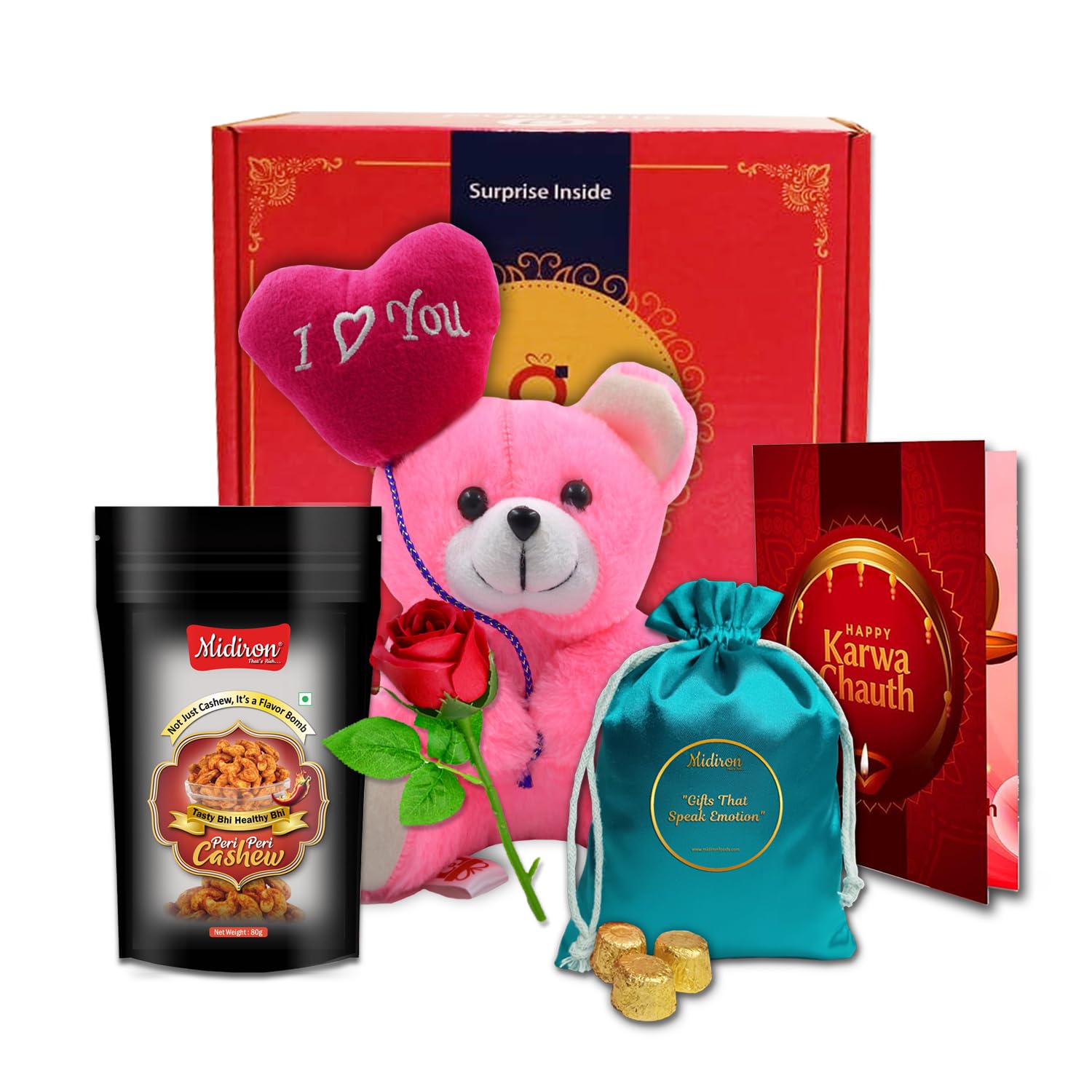 midiron thouthful karwa chauth gift pack for her, romantic and premium hamper for wife/fiancee with peri-peri flavored cashews & chocolate thaili – elegant gift combo with wishes card