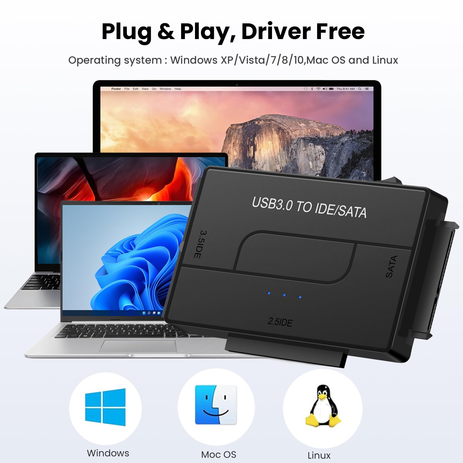 Adapter SATA/IDE na USB 3.0, zewnętrzny czytnik dysków twardych do uniwersalnego dysku twardego 2,5/3,5 SSD HDD, DVD/CD-ROM, z zasilaczem 12 V, obsługa 6 TB
