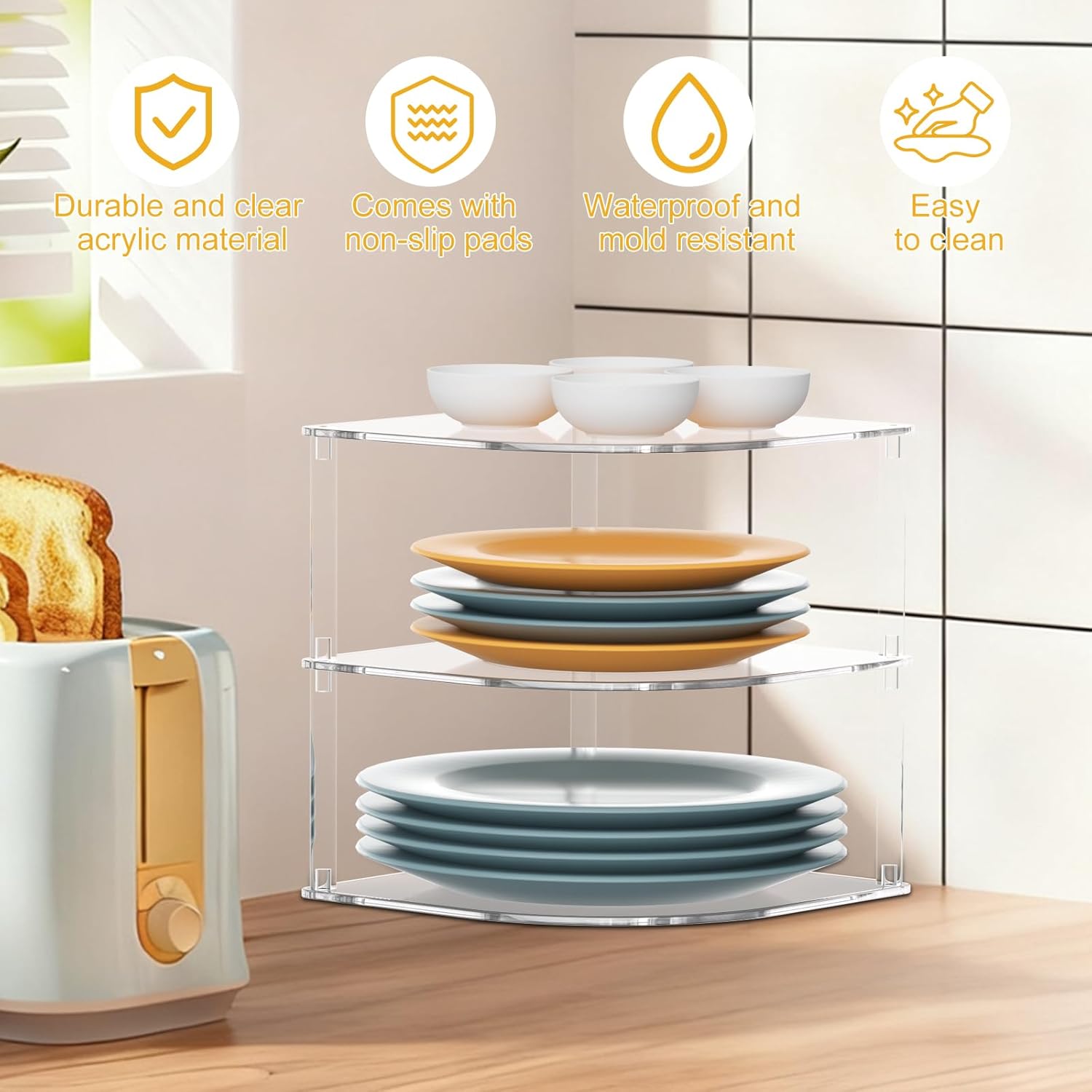 2 Pack Acrylic Plate Organizer for Cabinet, Corner Kitchen Cabinet Countertop Dish Organizer Shelf Kitchen Plate Rack Holder for Plates, Dishes, Bowls