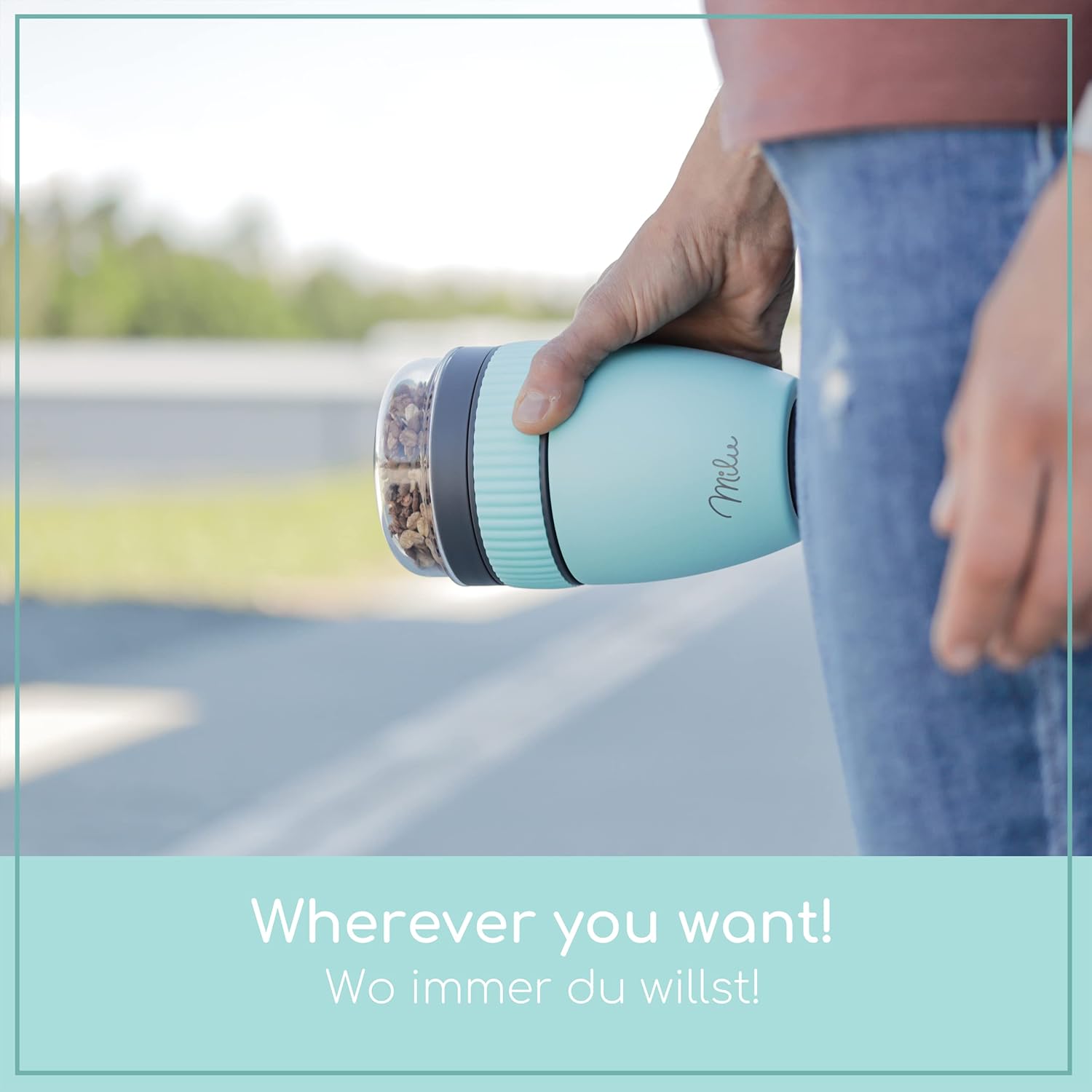 KEERCIGA Milu Müslibecher to go 400ml I isolierter Edelstahl Joghurtbecher für Müsli I auslaufsicherer Becher mit Löffel für Yoghurt/Porridge (Türkis)