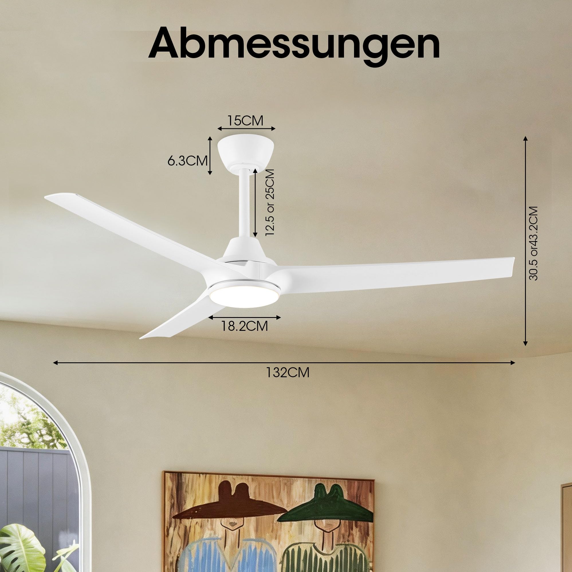 Parrot Uncle 132cm Ventilator Deckenleuchte,Umkehrbarer Ventilator, 3 Flügel, 3 Farbtemperatur,6 Geschwindigkeiten Zeitschaltuhr,Fernbedienung Leise Dimm für Schlafzimmer Wohnzimmer,Weiß
