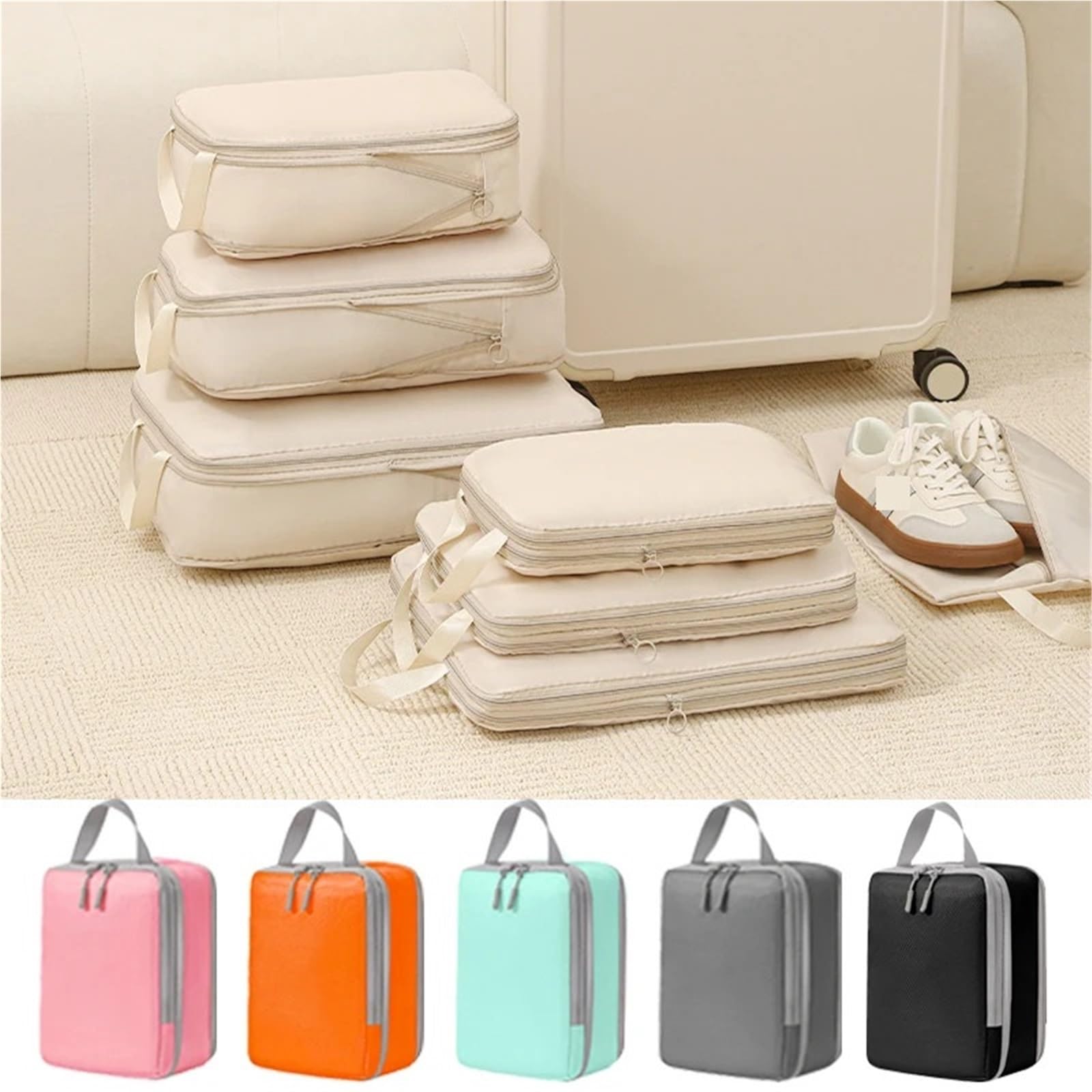 Set di 4 borse portaoggetti da viaggio con compressione, for riporre bagagli, abbigliamento e altro ancora per Vestiti, Scarpe, Cosmetici(Beige)