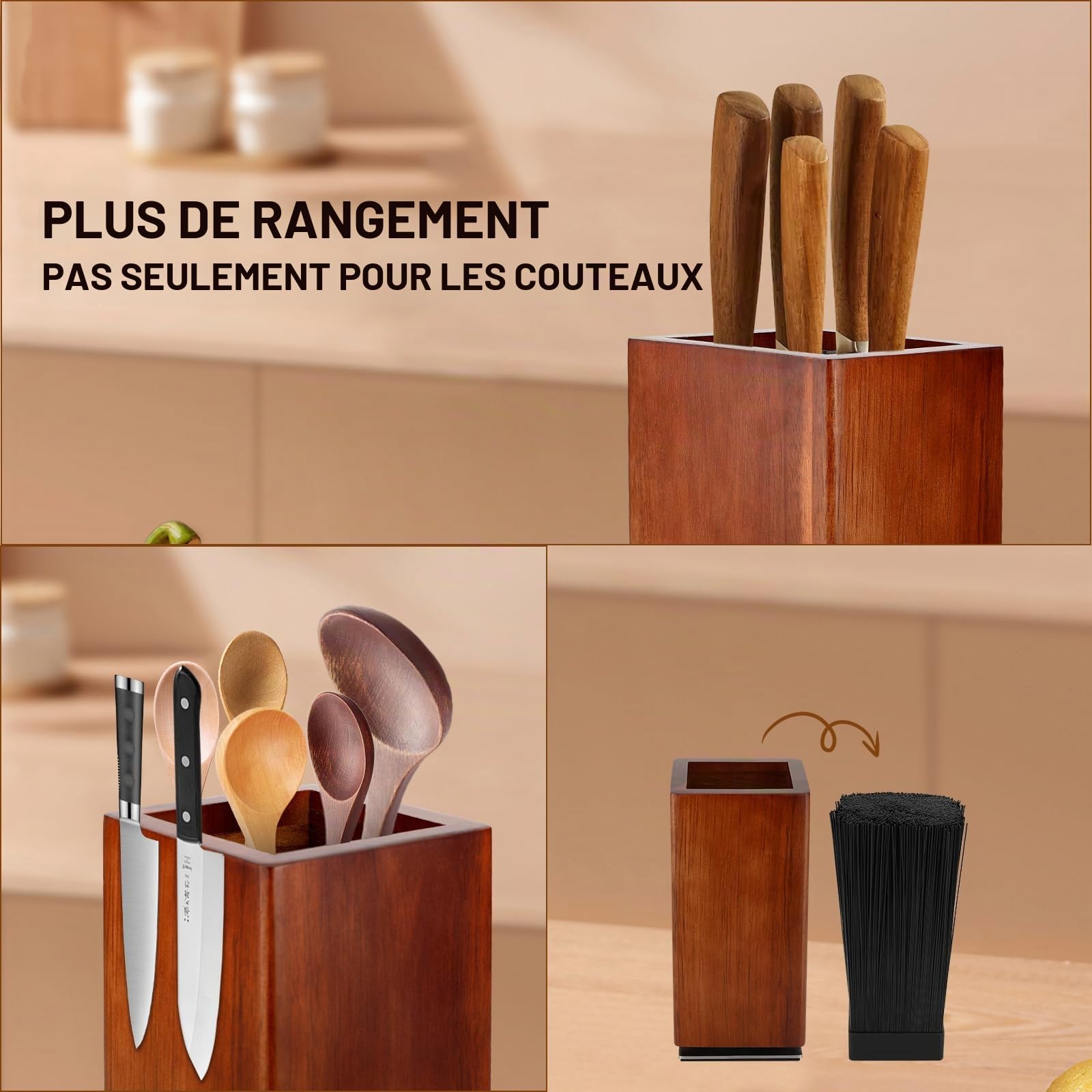 Gowkeey Bloc Couteau Cuisine, Range Couteaux Cuisine, Porte Couteau, Blocs Couteaux Vides, Support Couteau Cuisine Bois, Bloc à Couteaux Magnétique, Rangement Poils, Universel, 25x12x12 cm, Nature