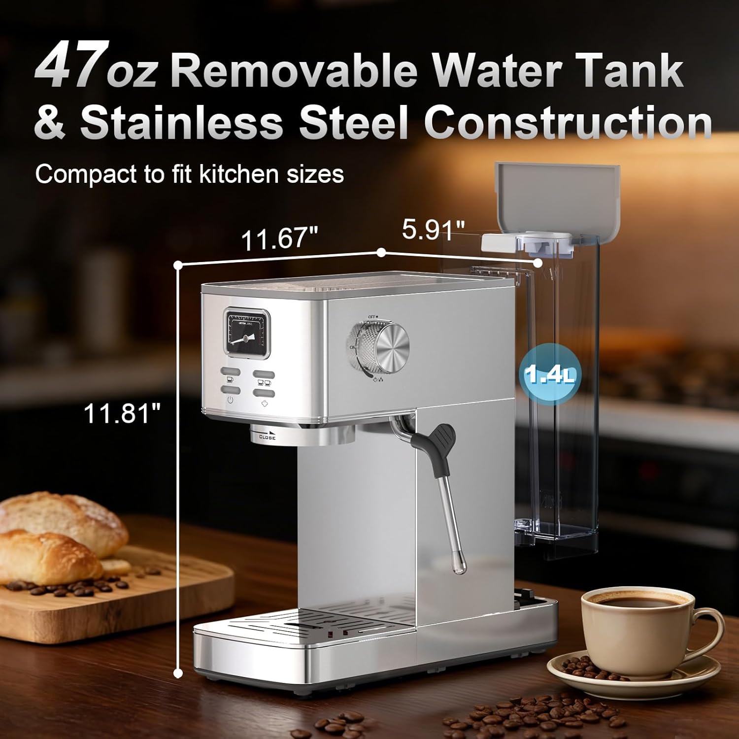 Espresso Machine 20 Bar, Stainless Steel Coffee Machine with Steam Milk Frother & 47oz Removable Water Tank, Hot Water Function for Home Cappuccino, Latte