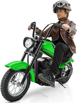 ELEMARA Electric Dirt Bike,15 mph & 150lb Max,24V Ride on Toy for Big Kids w/LED Lights & Power Display,Chain-Driven Motor,Twist-Grip Throttle,Shock Springs,Handbrake,12" Air-Filled Tires-Bright Green