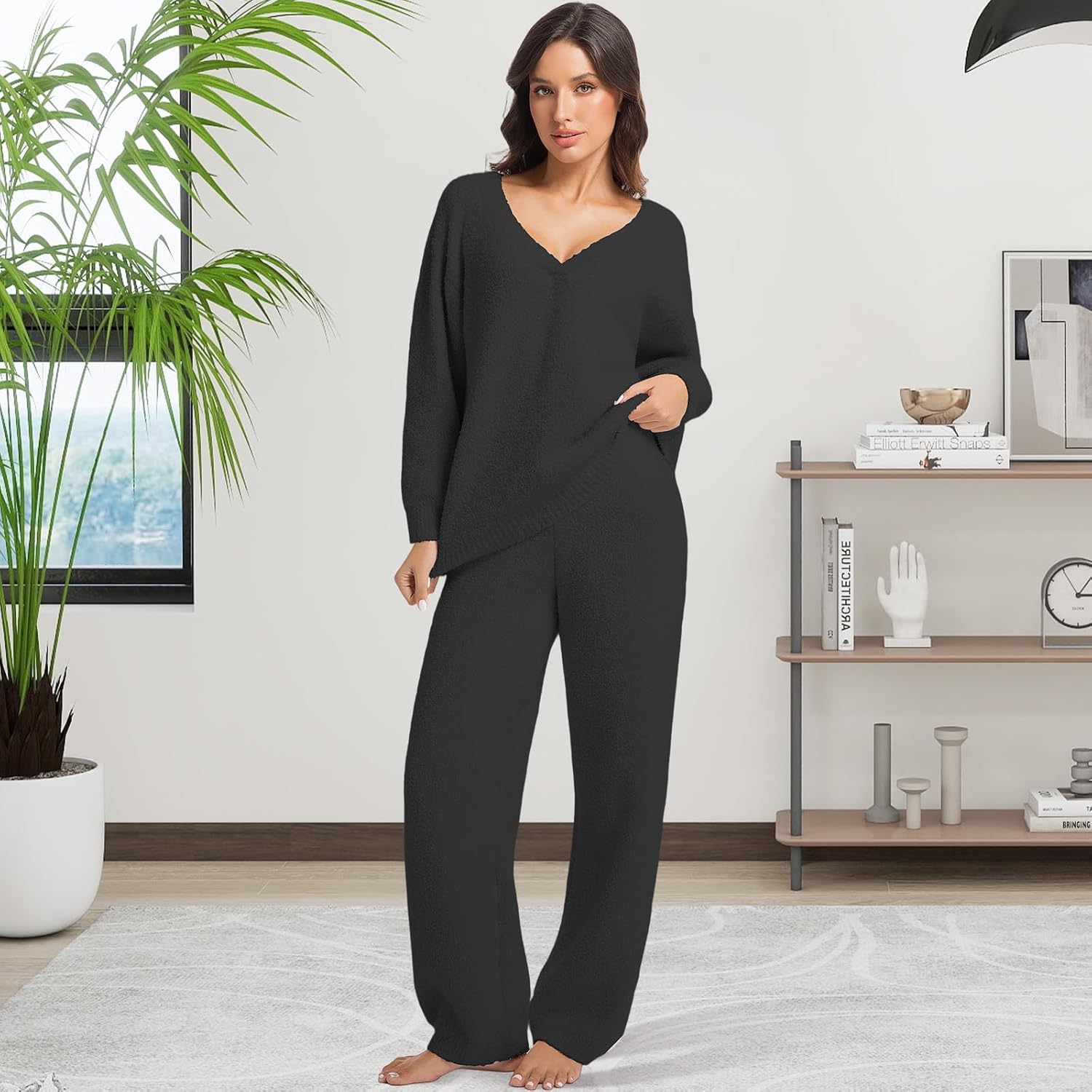 2 Piece Fleece Pajamas for Women Sets V-Neck Outfits Sweater Womens Long Sleeve Fuzzy Loungewear Pajama Set - Image 3