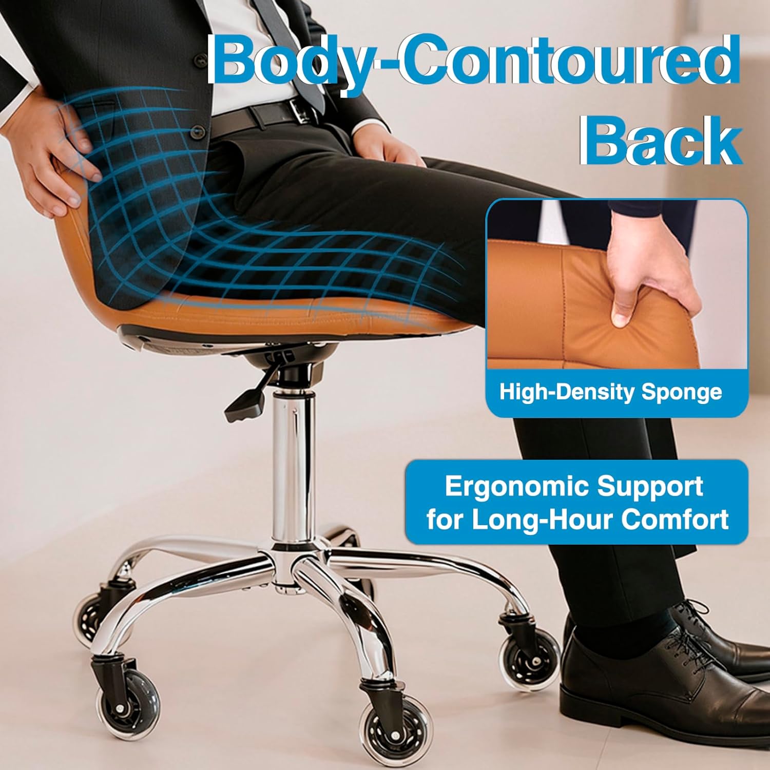 Rolling Stool Chair with Wheels, Height Adjustable Stool with Back Support, Office Drafting Chair with PU Leather Cushion for Home Office Kitchen Vanity Salon Garage Tattoo Dentist Esthetician(Camel)