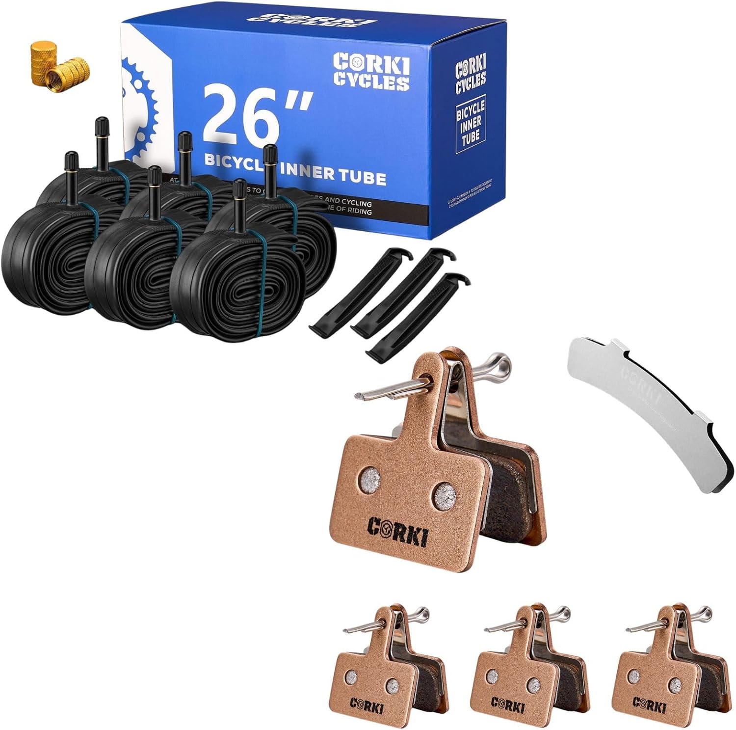 Corki Cycles 26 Mountain Bike Tubes with 4 Pairs Brake Pads for TRP Tektro Shimano Deore