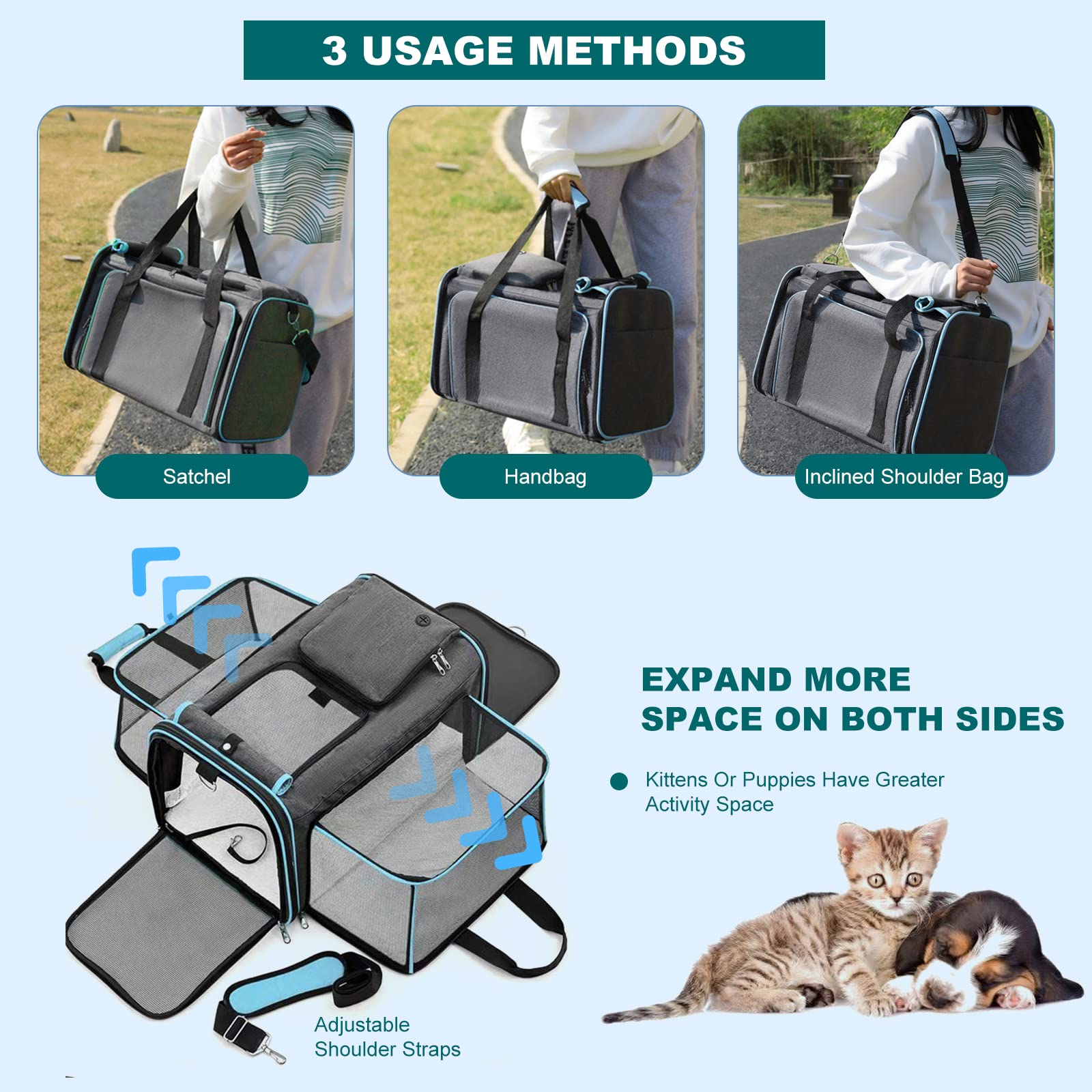 PETCUTE Faltbare Transporttasche Katze und Hund,Atmungsaktiv Katzentransportbox Hundetragetasche mit Waschbare Matte,Erweiterbare Hundetasche mit Schultergurt,Öffnung an 5 Seiten