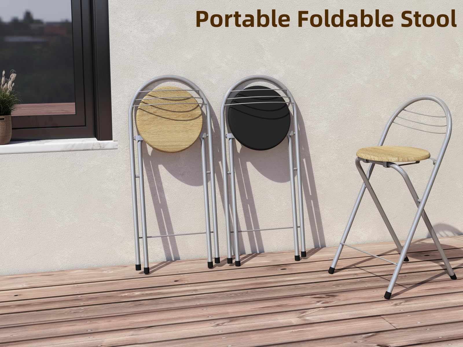 1 tabouret pliant avec dossier, portable, pliable, pour extérieur, jardin, balcon, cuisine, bars, camping, hauteur d'assise 61 cm (chêne et argent)