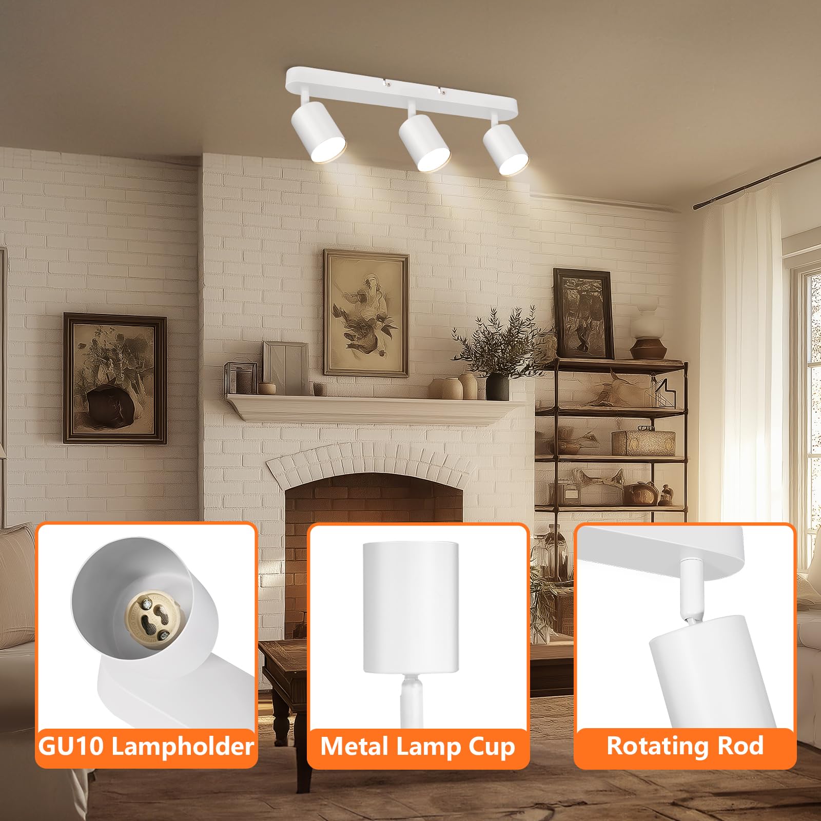 Ketom GU10 Lámpara de Techo con 3 Focos, Focos de Techo Ajustables y Giratorios, Blanco Apliques Techo Interior Orientable, Modernas Focos para el Techo para Cocina, Salon, Dormitorio, Sin Bombilla