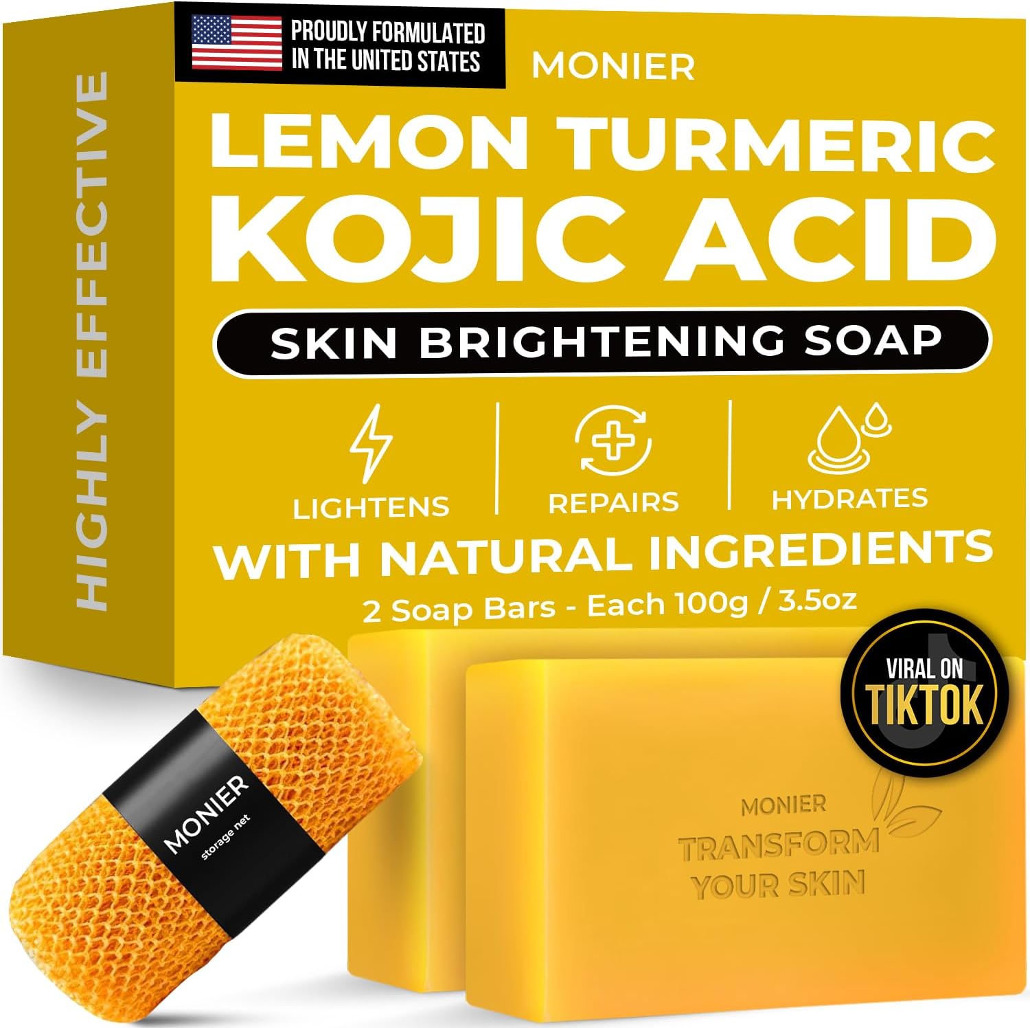 Brightening Lemon Turmeric Kojic Acid Soap Bars - with Collagen, Turmeric, Coconut Oil, Vitamin C, Vitamin E - Moisturizing & Nourishing - Original Japanese Complex (2 Soap Bars + Storage Net)