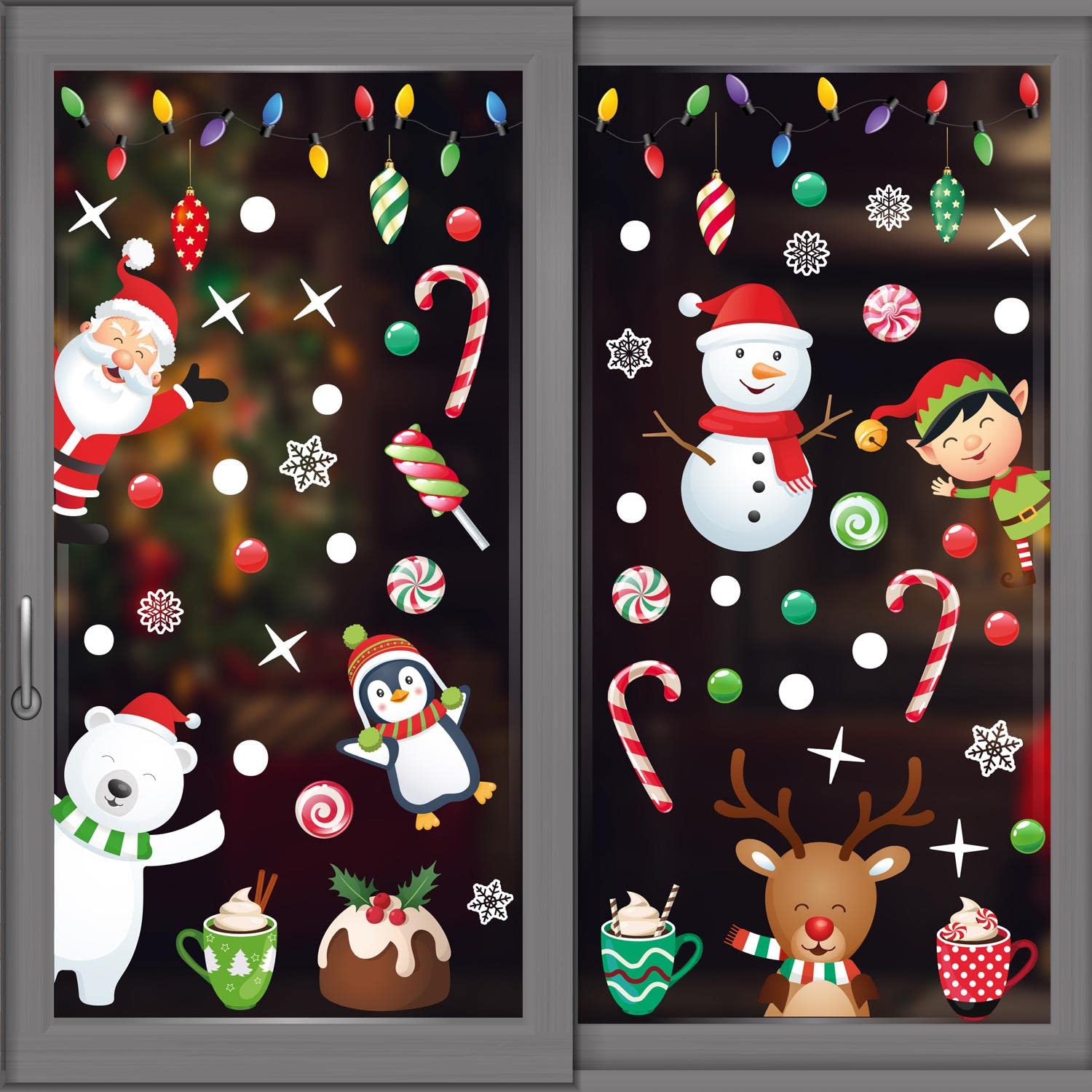 WALPLUS Christmas Window Stickers Clings Xmas Decoration Reusable Double-Sided Print Decals for Glass Living Room Windows Display Xmas Friends Winterland 64 Pieces