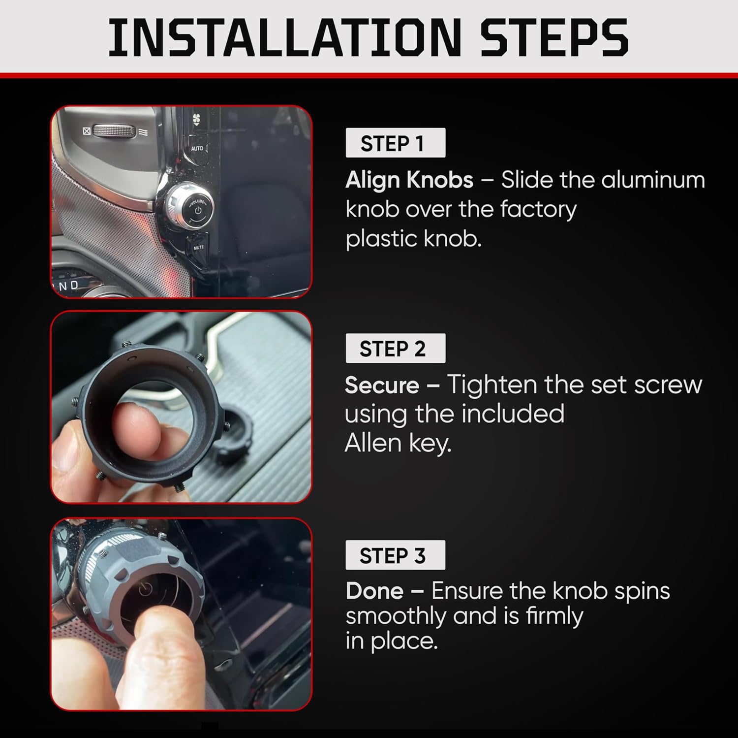 AJT DESIGN Radio Knobs Compatible with 2019–2025 RAM Trucks (12.0" Touchscreen Only) | CNC Aluminum Volume/Radio Knobs Replacement | Car Radio Interior Accessory | Easy Install, Matte Black - Set of 2