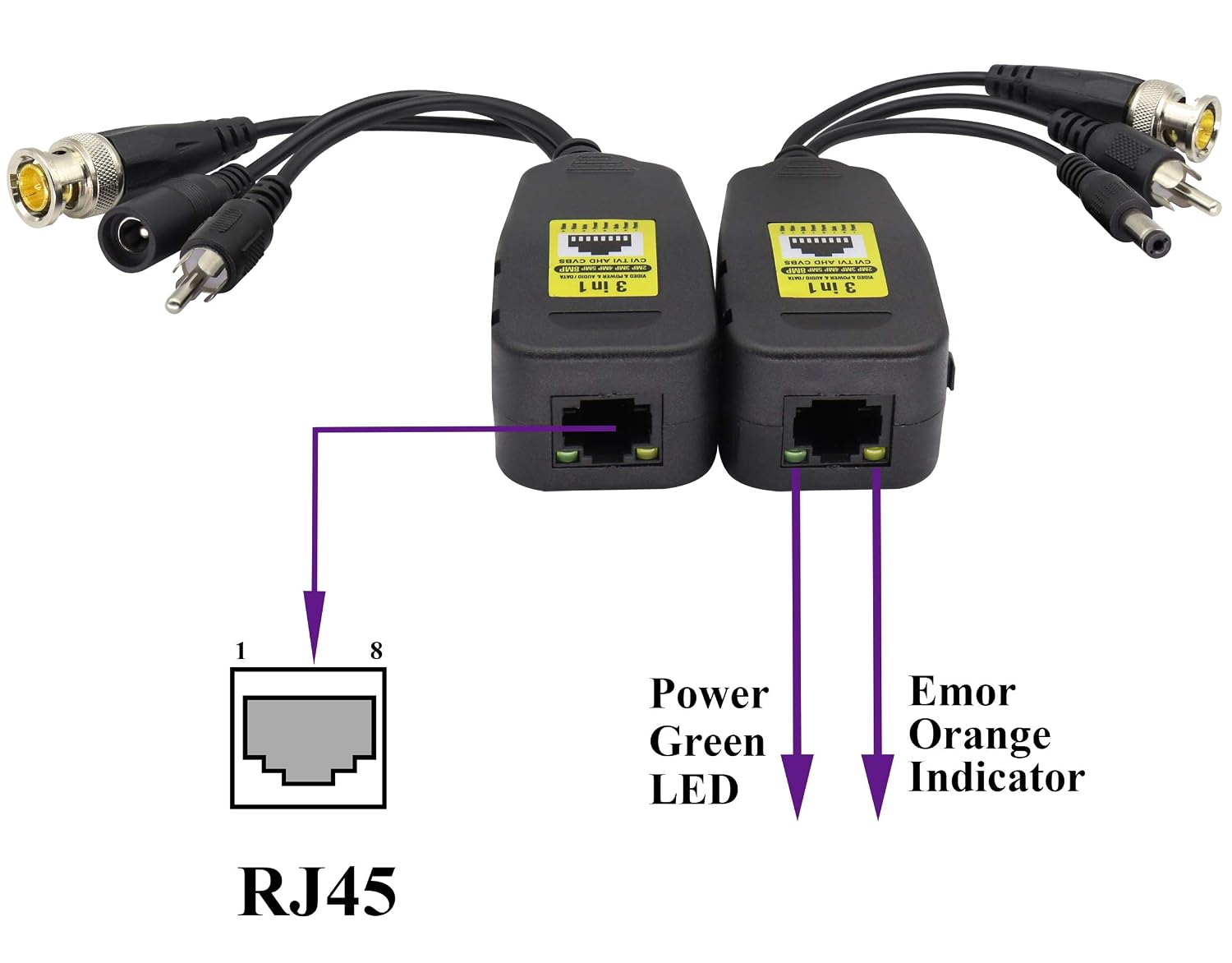BNC to RJ45 Transmitter Transceiver DC Power Passive Audio Video Balun HD-CVI/TVI/AHD/CVBS with DC Jack for 720P-1080P 3MP 4MP 5MP 8MP CCTV Security DVR Surveillance Camera System(19cm/4Pairs)