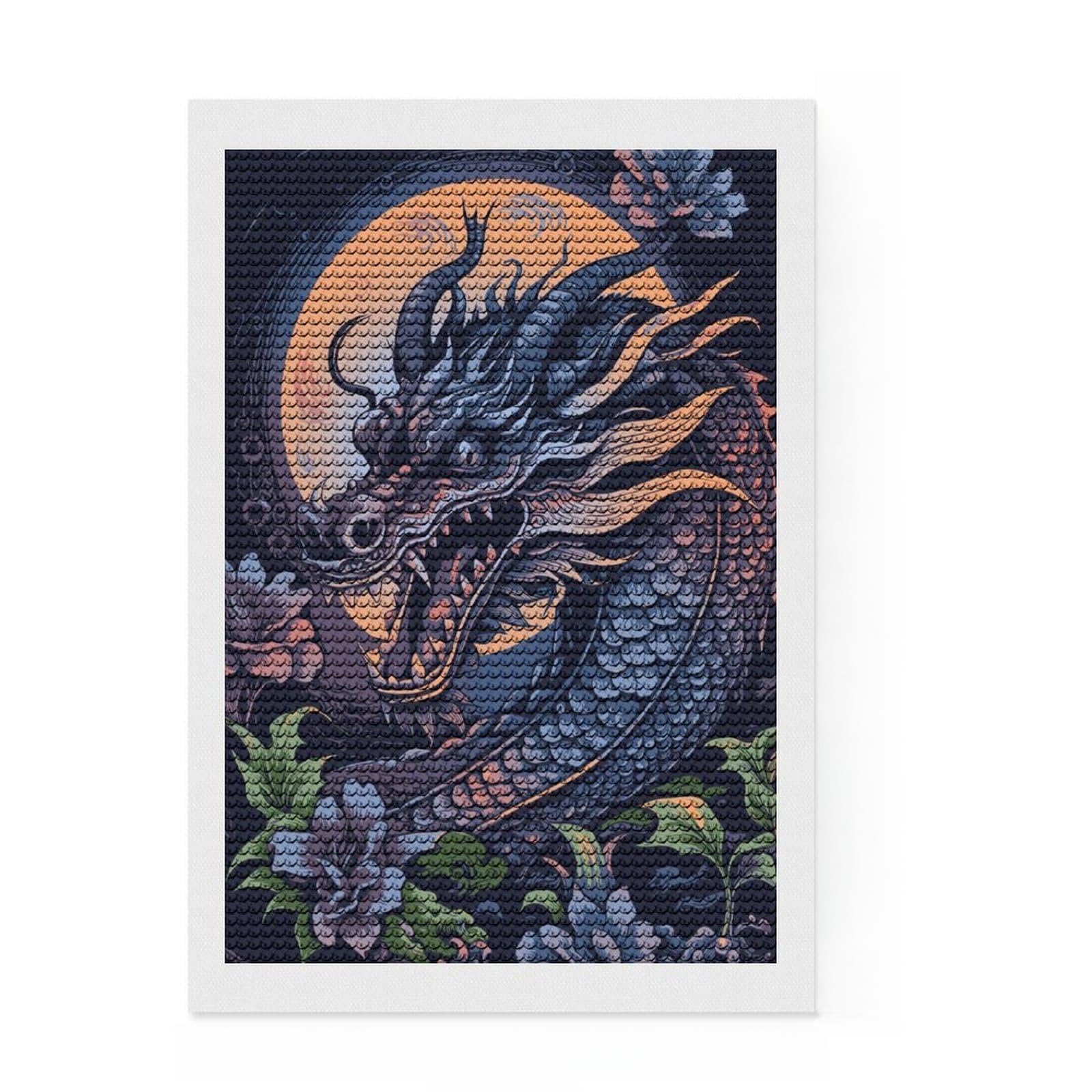 Junmoney Blue Dragon Crystal Diamond Art Kit 8"x12", Easy to Enjoy, Cute Room Decor, with Tool Kit, Artistic Hobby, Vintage Style Decor