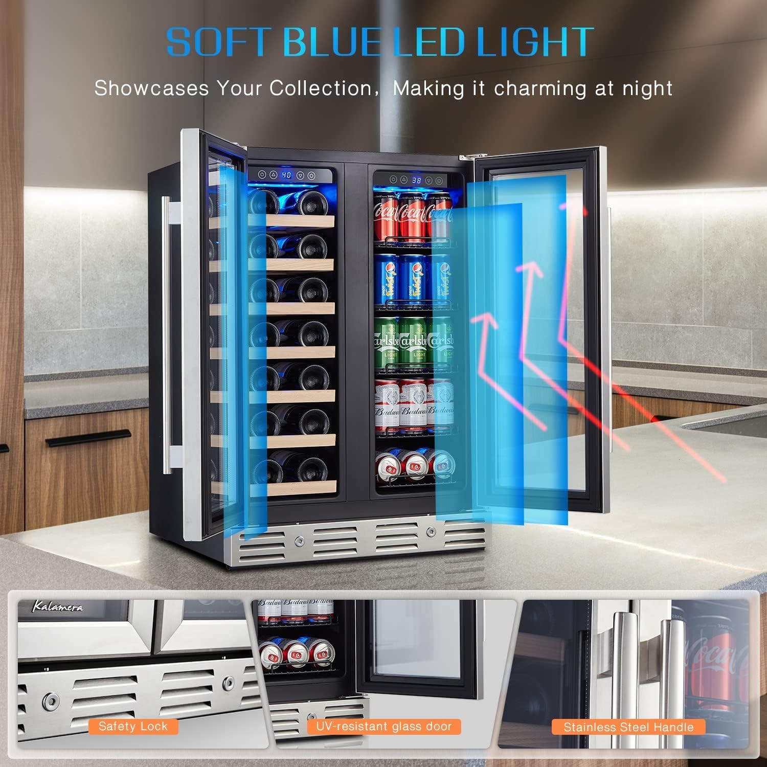 Indre view of the refrigerator with soft blue LED lighting illuminating wine bottles and beverage cans.