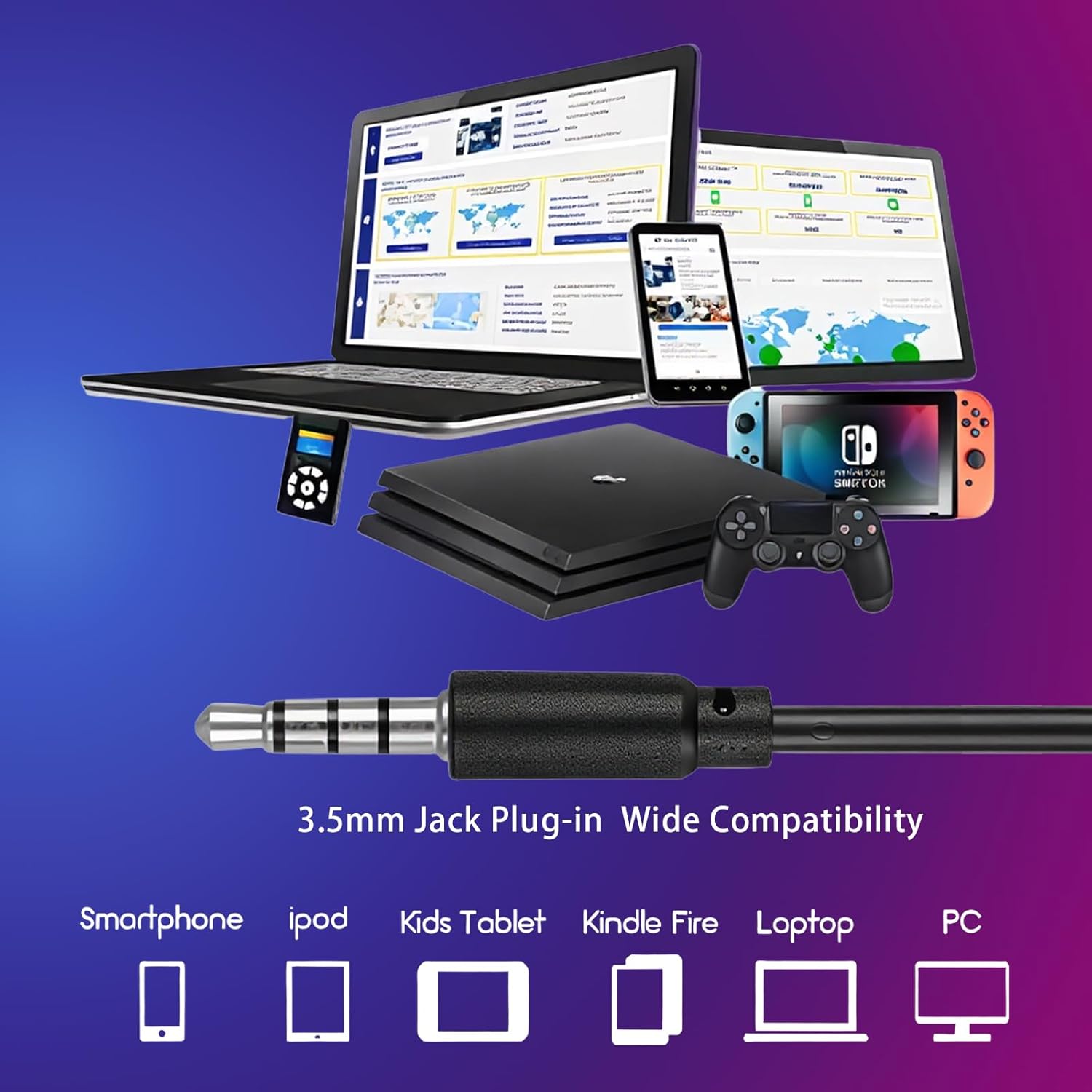 Olyre Kitty Cat Ear Wired Headphones for Kids Teens Adults - Rechargeable LED Light On-Ear Headphones with 3.5mm Jack,Foldable & Lightweight, Compatible with Android, Tablet, PC (Black & Purple)(Black&Purple)