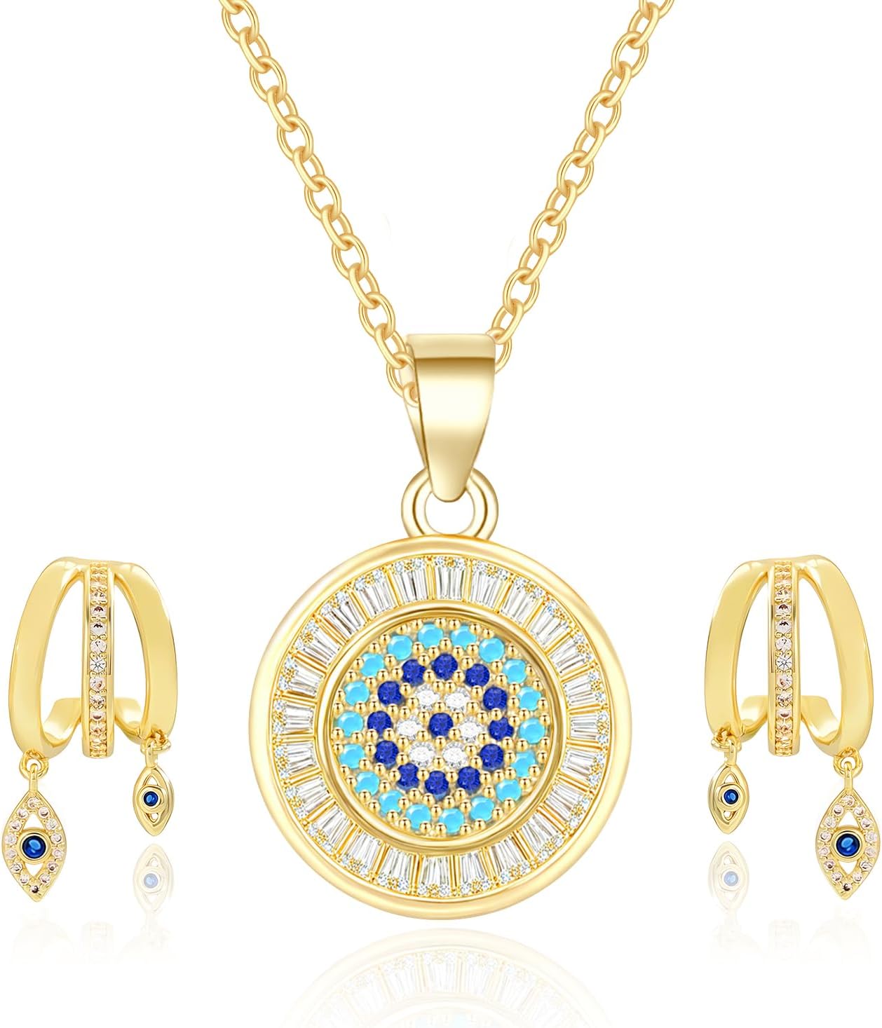 Evil Eye Necklace and Earrings Set Gold Pendant Greek Protection Jewelry Amulet Gift for Women Men
