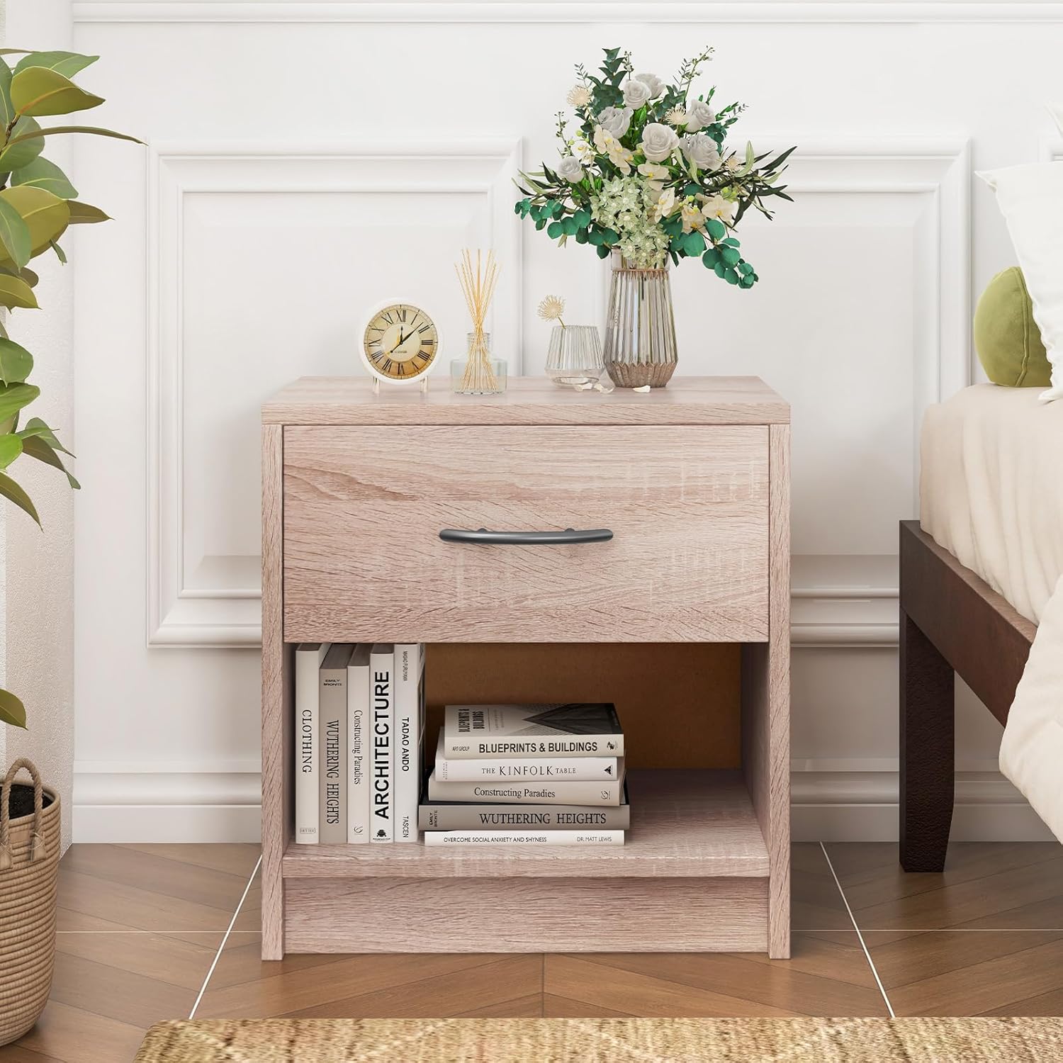 Giantex Night Stand with Drawer, Wood Rustic End Table with Open Storage Shelf for Bedroom, Compact Floor Sofa Side Table for Small Spaces, Farmhouse Bedside Table for Home Office, Light Oak