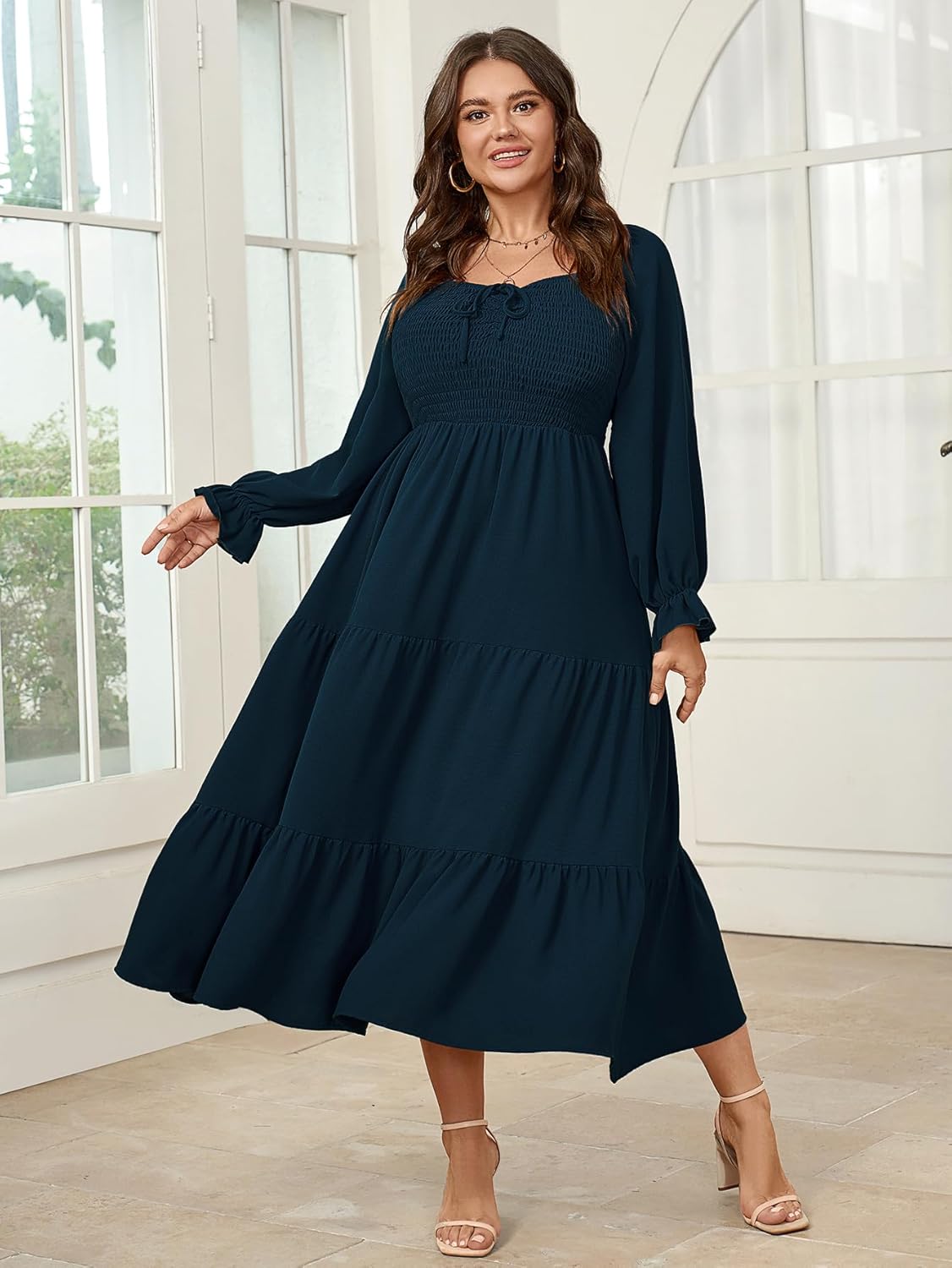 Womens Plus Size Flowy Maxi Dress Long Sleeve Square Neck Smocked A Line Formal Long Dresses for Women Wedding Guest - Image 4