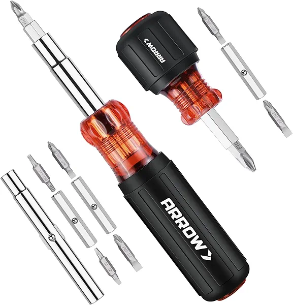 ARROW 2PCS Multi-Screwdriver Set, 11-in-1 Standard/5-in-1 Stubby Multi-bit Screw Driver & Nut Driver Set, Premium S2 Steel, Comfortable Grip, with Phillips, Slotted, Torx, Square Bits and He
