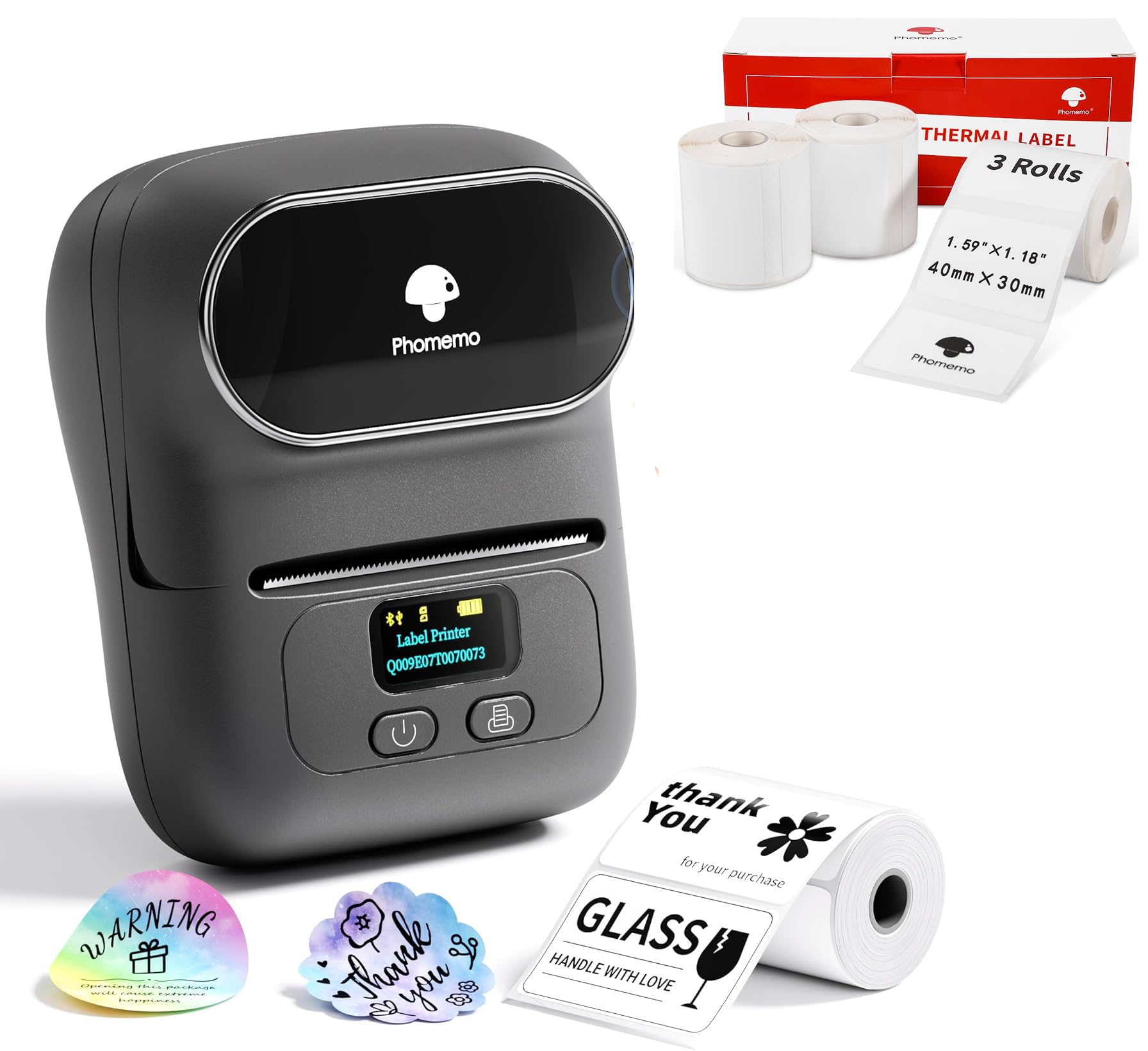 Phomemo M110 Etiquetadora con 4 Rollos de Etiquetas, Impresora de Etiquetas Adhesivas Bluetooth térmica portátil, para Uso en oficinas, códigos de Barras, pequeñas Empresas, Tiendas