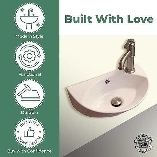 Miniatura 6 de Pequeño fregadero de baño de montaje en pared blanca con orificio único para llaves, desbordamiento  Suministro del renovador