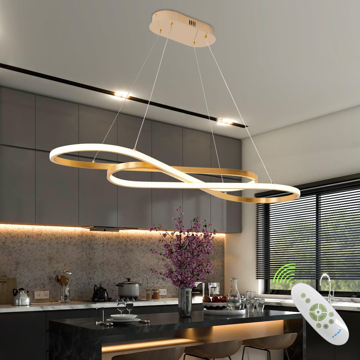 Luxury Modern Gold Dimmable LED Pendant Light - 39.4 inch Height Adjustable Dining Room Chandelier for Kitchen Island