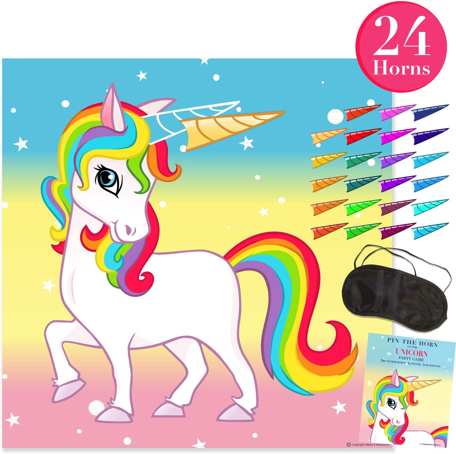 Pin The Horn on The Unicorn Party Game - Party Supplies for Kids Fun Rainbow Birthday (24 Stickers) - Buy as a Gift or Wall Decoration for Your Child