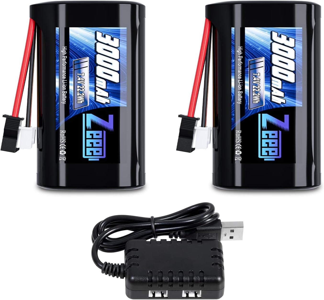 Zeee 2S Li-Ion Batteria 7,4V 3000mAh con spina SM 2P, Batteria RC ricaricabile compatibile con auto RC WPL MN, barche RC, camion RC (2 pezzi)