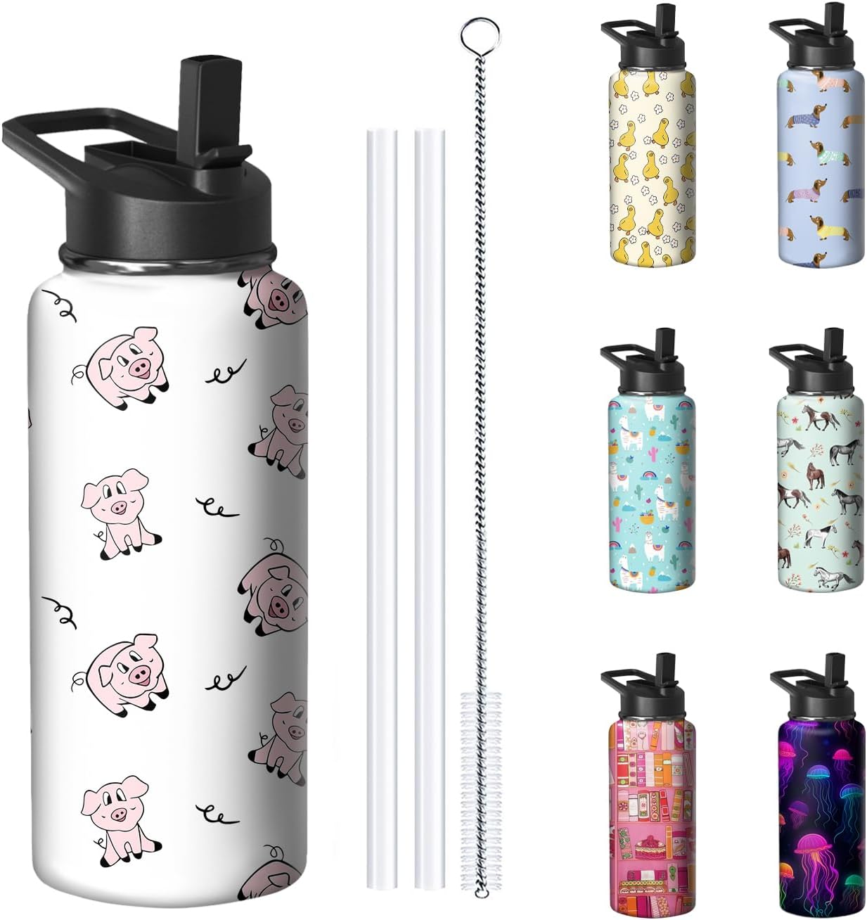 32oz Pig Water Bottle with Handle and Flip Straw, Sports Stainless Steel Insulated Cup Travel Coffee Mug Tumbler, Birthday Mothers Day Chritmas Gifts for Women