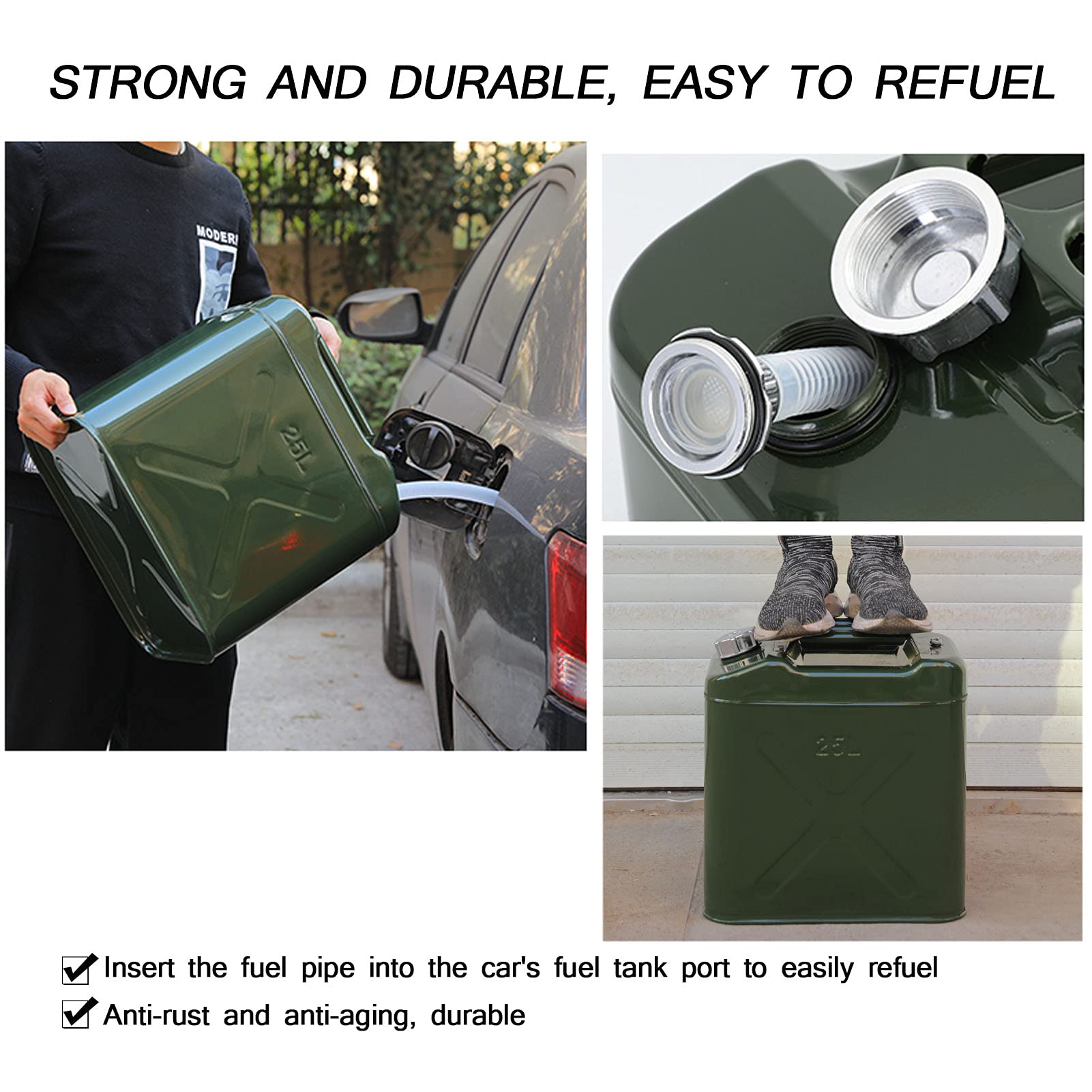 Recipientes para Gasolina Tanque de Metal, Stardard Can Home Backup Tank con caño Flexible, Petrol Diesel de Emergencia para Estación, Ejército Green (25L, 30L, 40L)