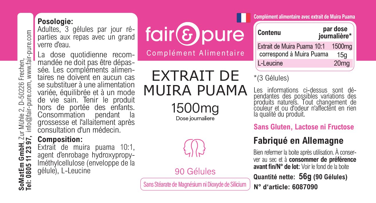 Fair & Pure Muira Puama 500mg, 90 Kapseln, schluckfreundlich, 10:1 Extrakt, Nahrungsergänzungsmittel vegan ohne Magnesiumstearat, in Deutschland hergestellt (Packung mit 2)