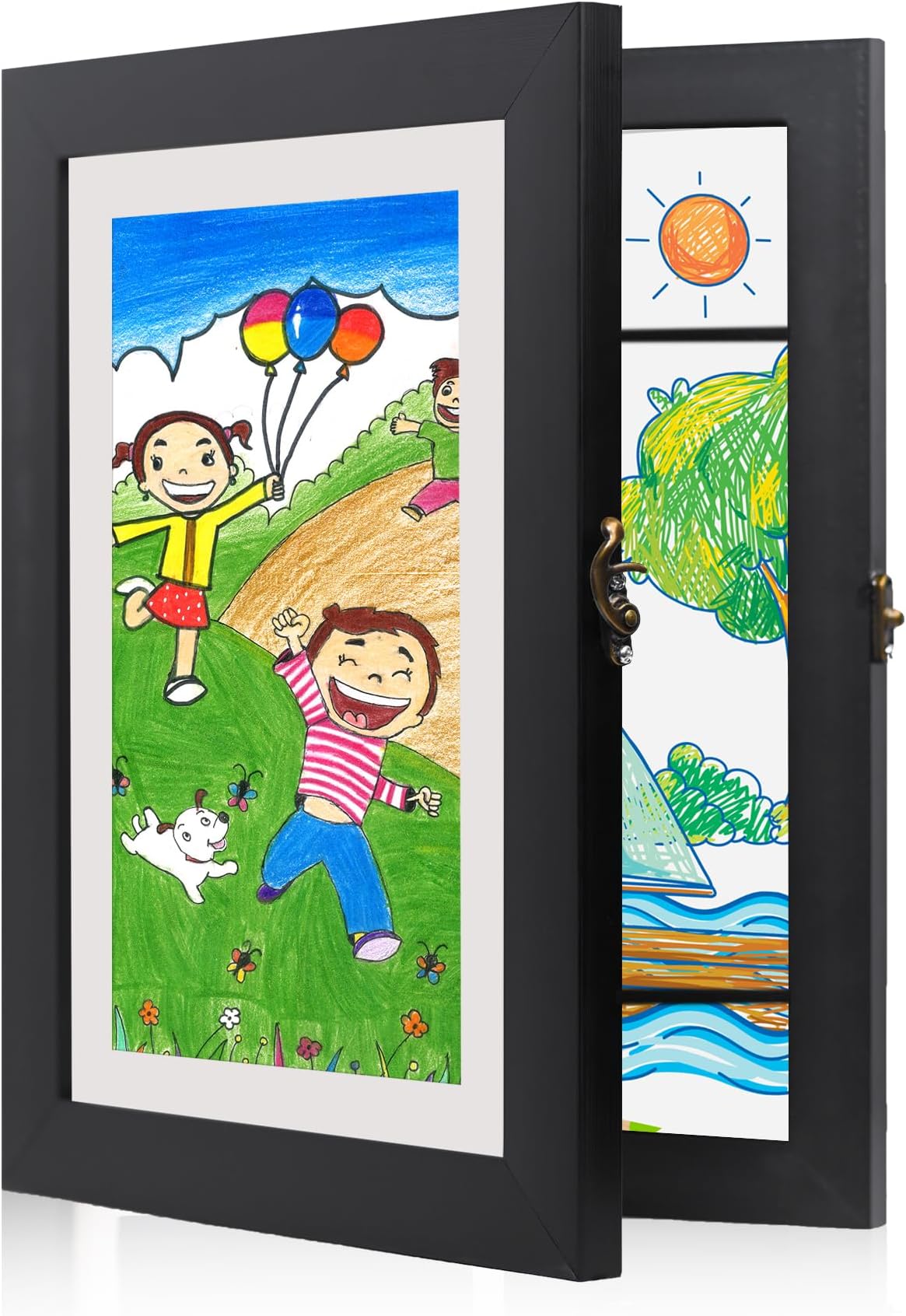 Wood Kids Artwork Picture Frame Wall Mountable Art Frames With Storage Of 100 A4 Size Drawings, 10 Coloring Pages Photo Frame, Black 10X13.5 Inches, Rectangular