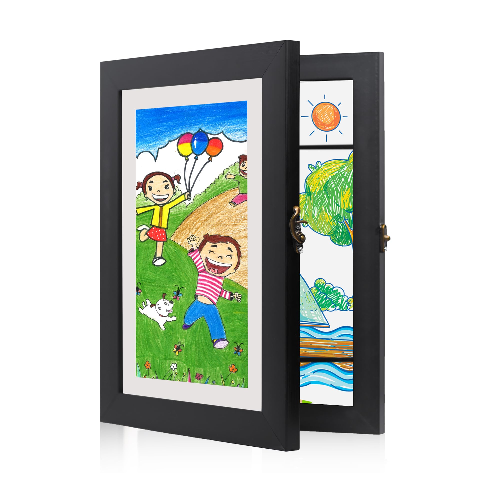 Wood Kids Artwork Picture Frame Wall Mountable Art Frames With Storage Of 100 A4 Size Drawings, 10 Coloring Pages Photo Frame, Black 10X13.5 Inches, Rectangular