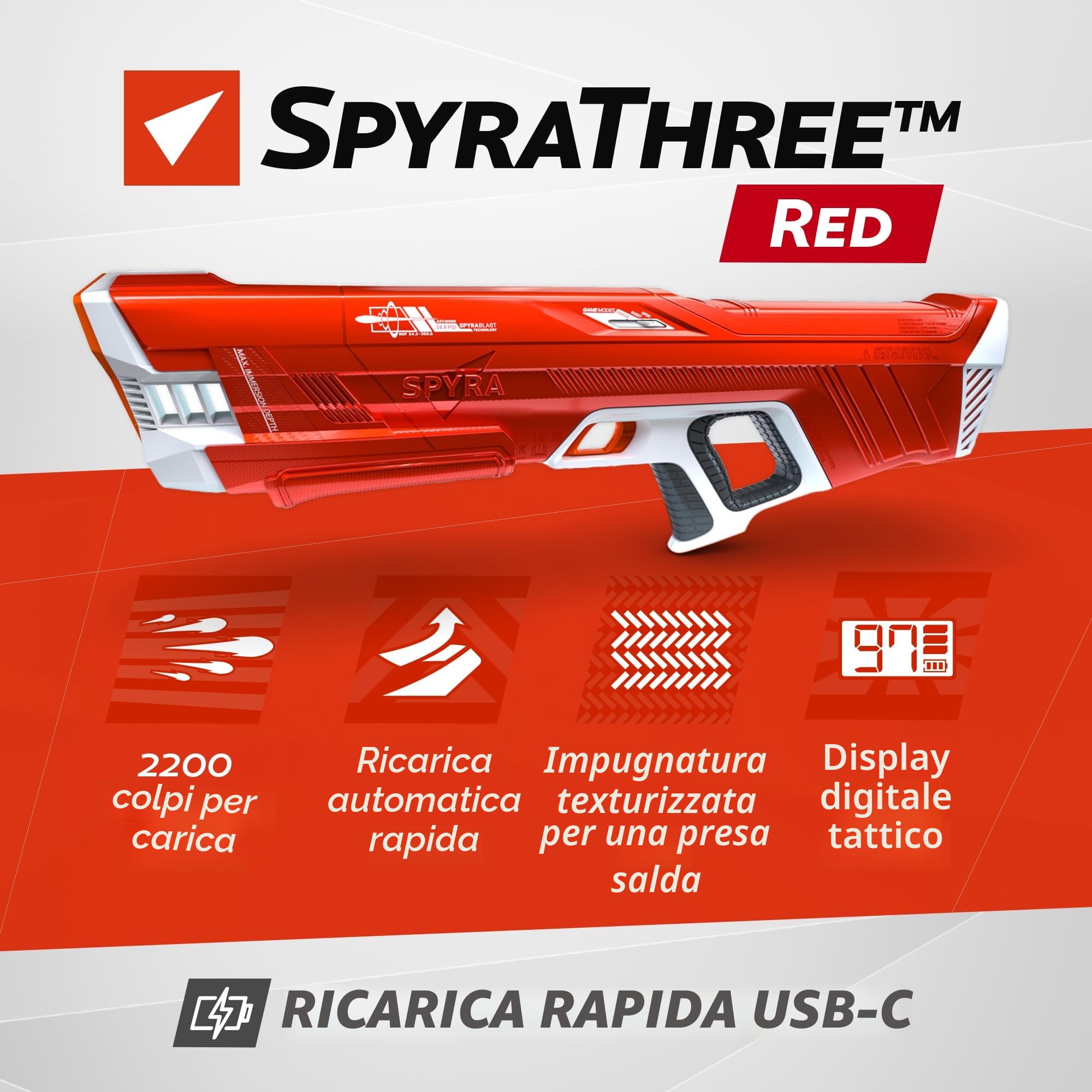 Spyra Three™ Pistola ad acqua elettrica, ricarica automatica, 3 modalità di gioco, sparo a LED e indicatore di batteria, portata 15 m, giocattolo estivo premium (rosso)